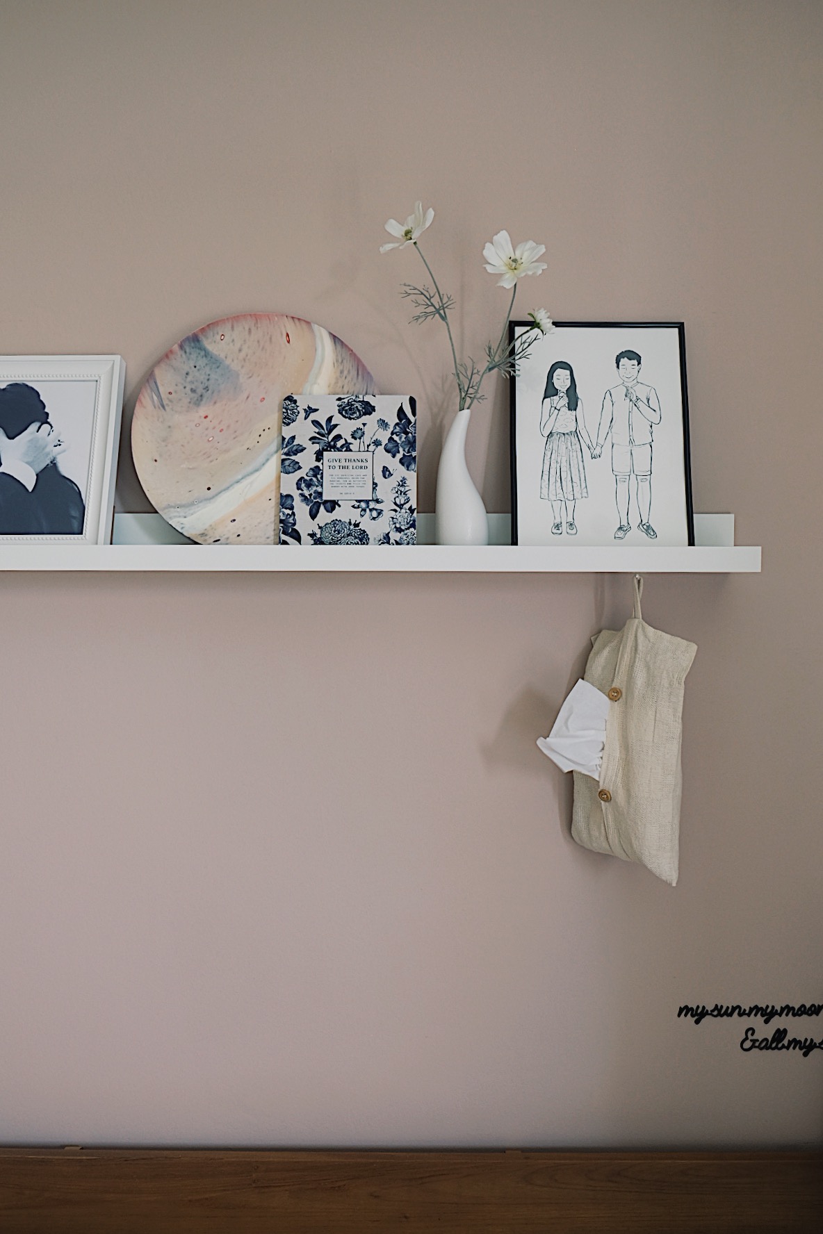 Our bedroom with a kitchenette: Transformation from 2 to 2+1 to 3-in-1 - wall shelf, framed pictures, abstract art, botanical