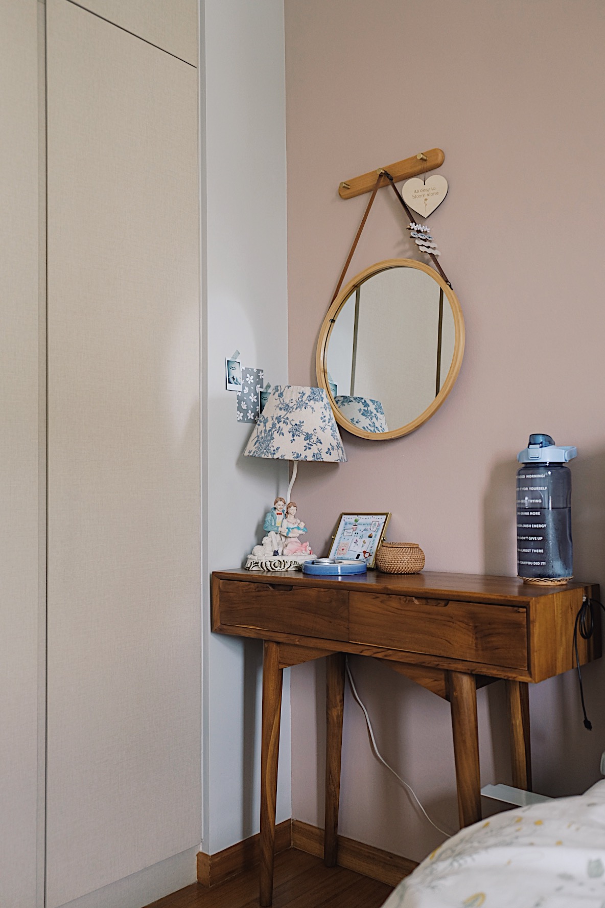 Our bedroom with a kitchenette: Transformation from 2 to 2+1 to 3-in-1 - Wooden nightstand, mirror, blue floral lamp