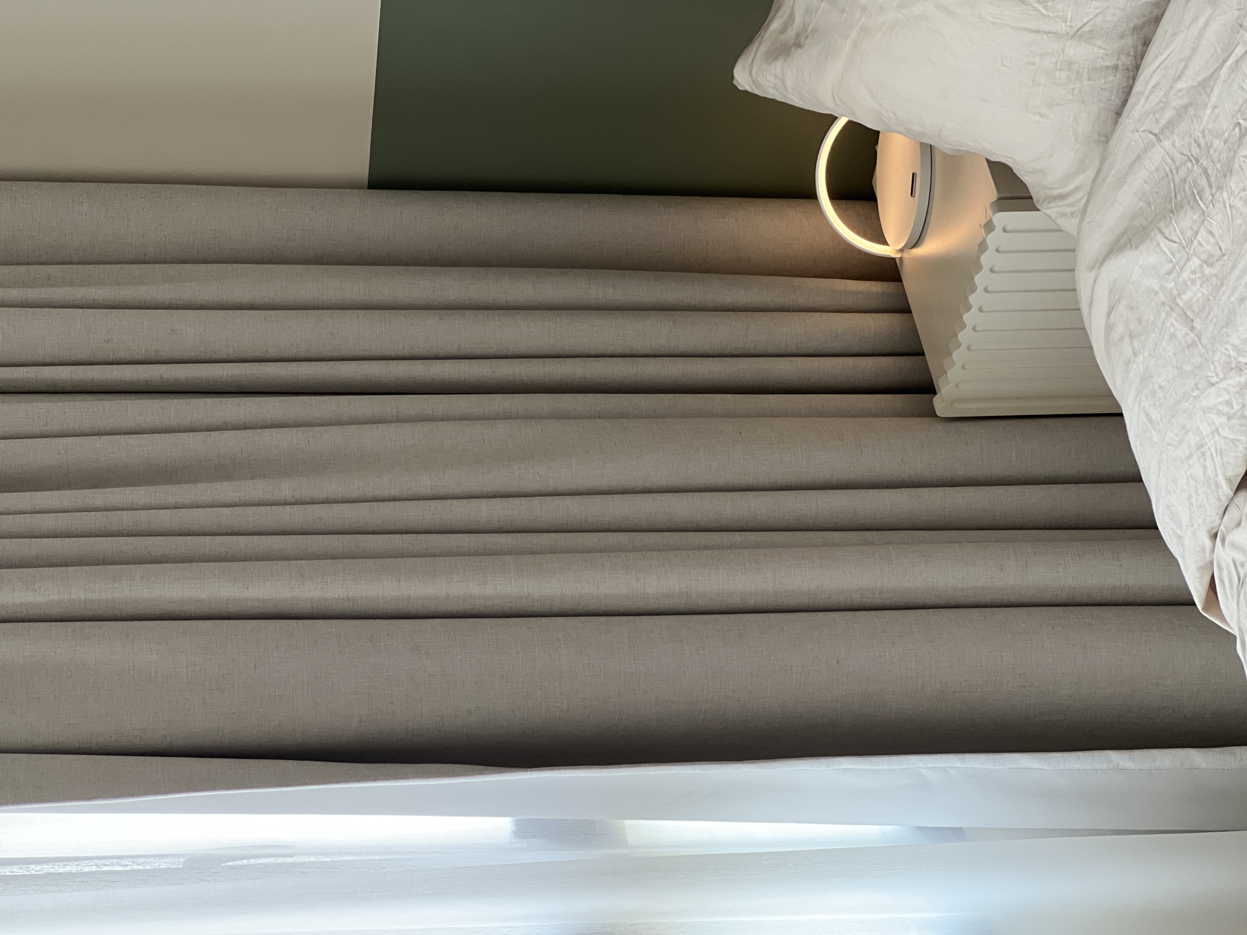 Our Comfy Bedroom for Relaxing Nights - Grey fabric bedding, modern bedside lamp, soft lighting, neutral color palette