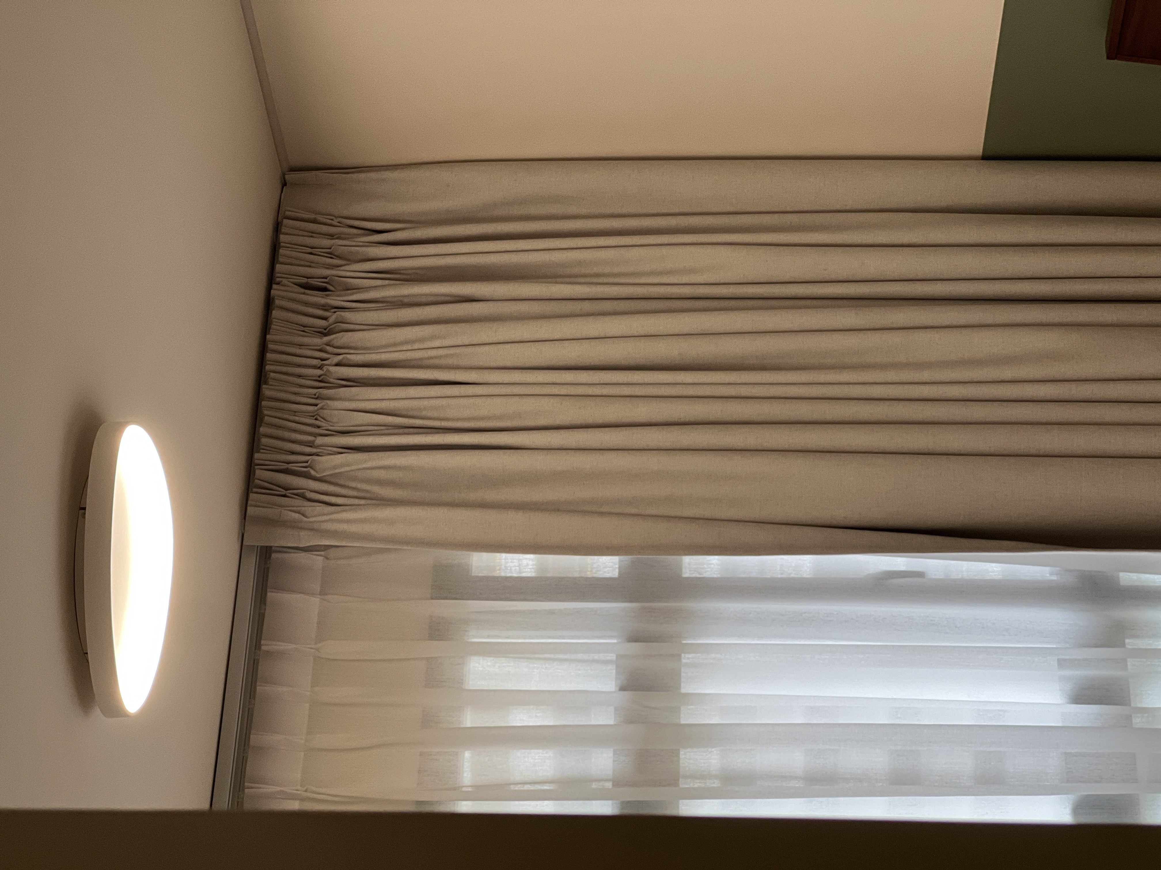 Our Comfy Bedroom for Relaxing Nights - Light fixture, beige curtains, soft lighting, window blinds, diffused light, serene