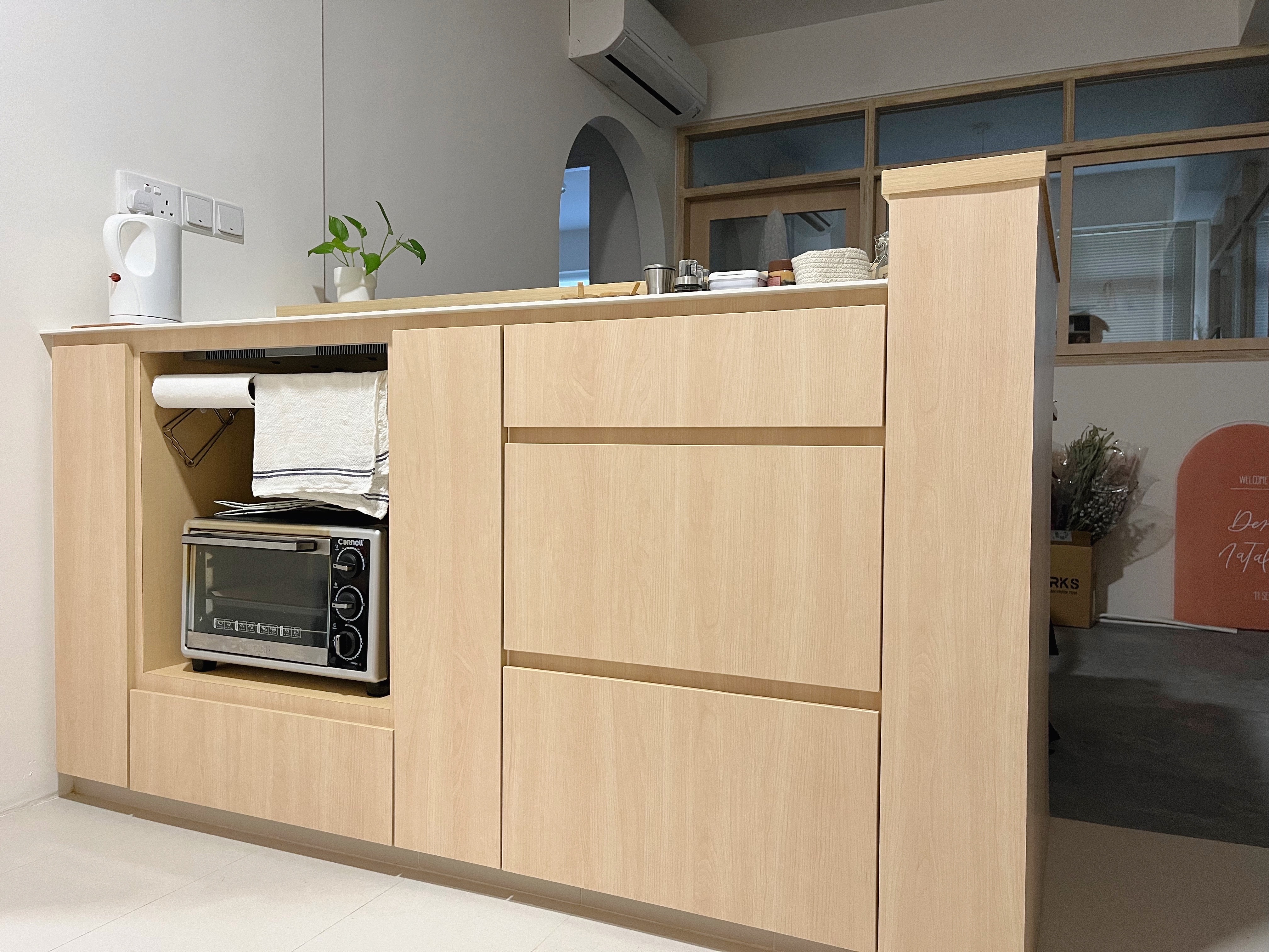 Organising our kitchen counter with items under $5 - Wooden kitchen cabinetry, modern design, light wood finish, sleek