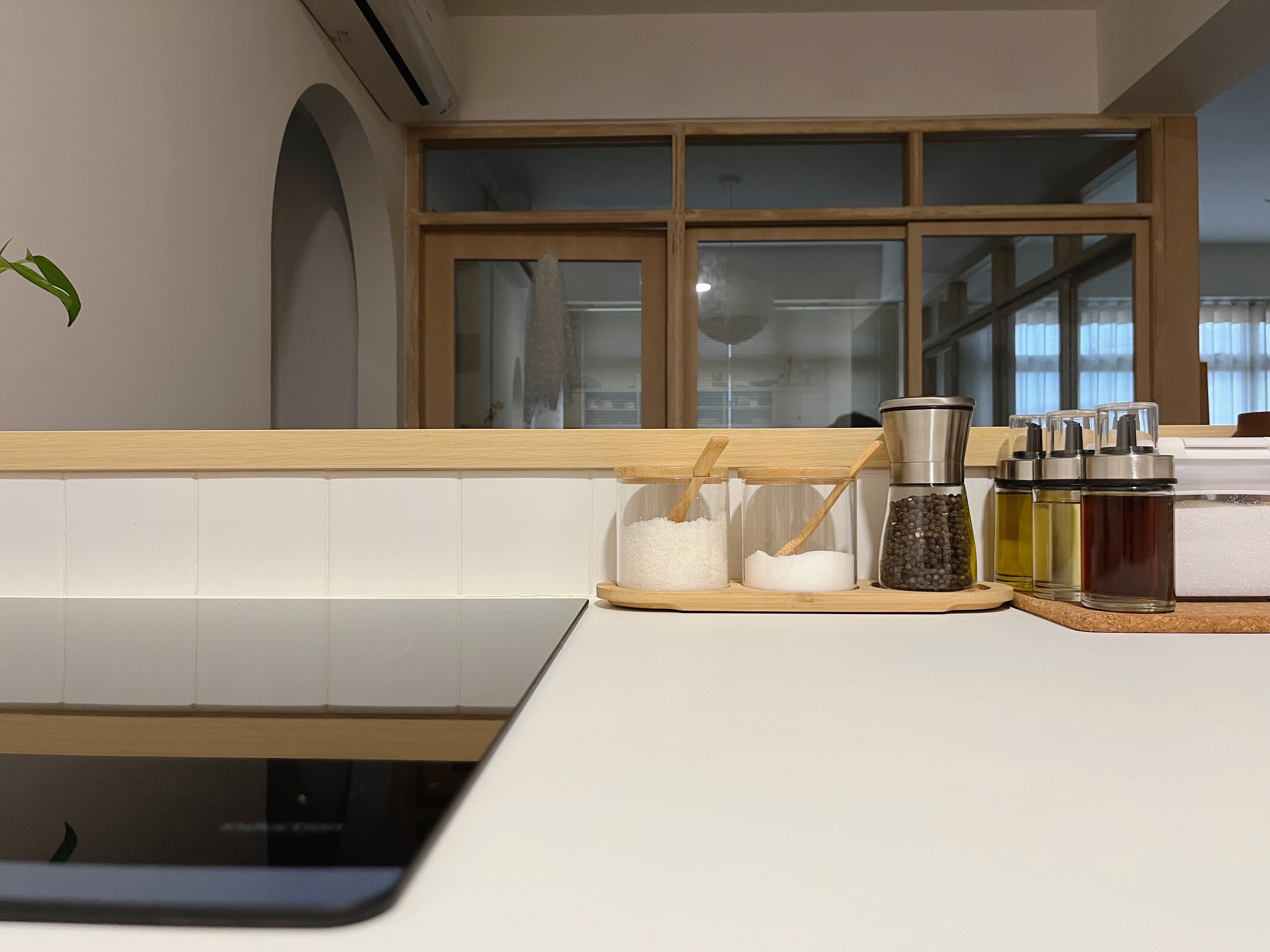 Organising our kitchen counter with items under $5 - glass jars, sugar, salt, wooden tray, kitchen counter, modern kitchen