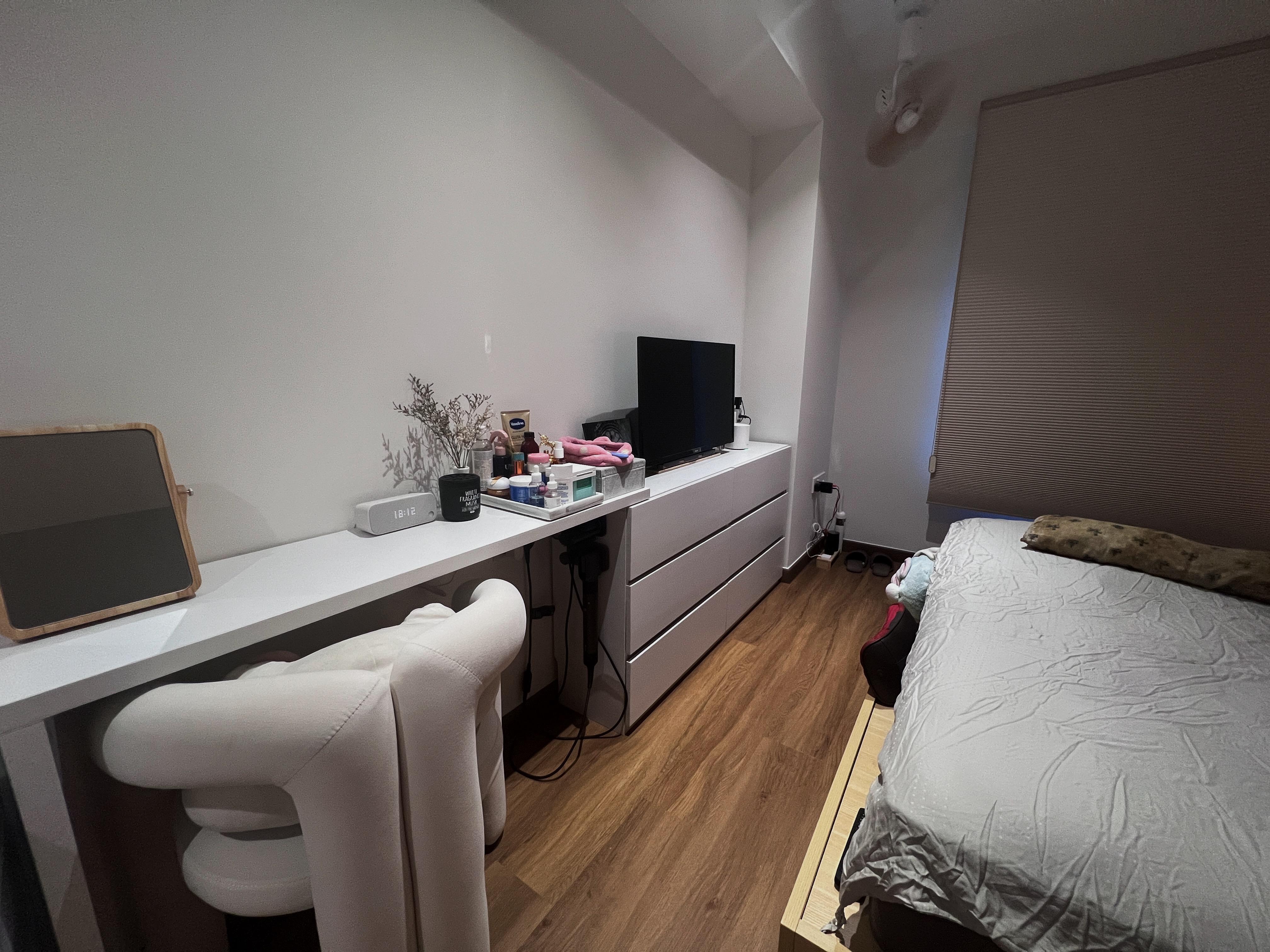 Serenity in our bedroom. - Wooden desk, white chair, vanity mirror, black frame, bedside table, white drawer, wooden floor