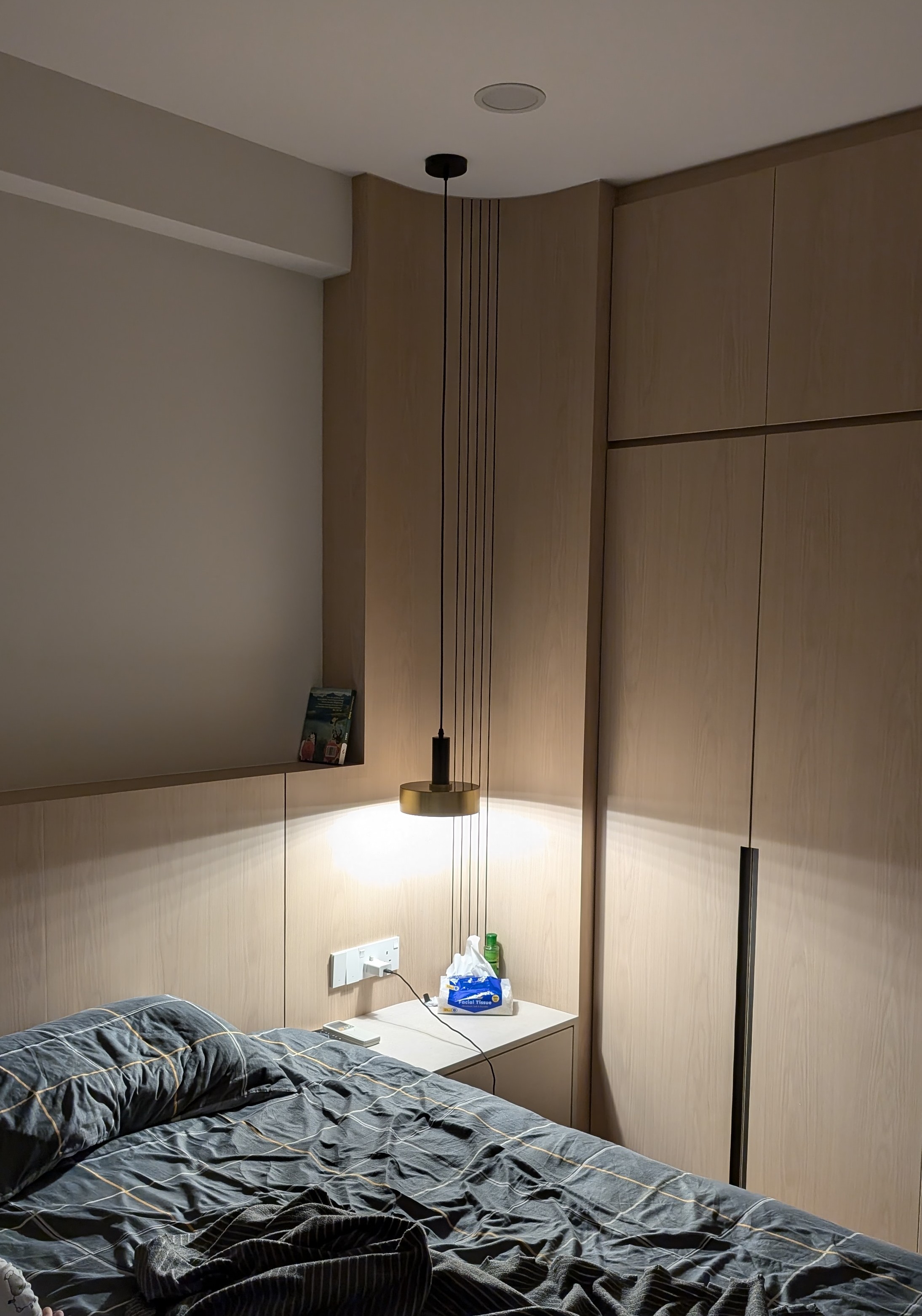 Spending the night with some curves 🍑 - Modern bedroom with minimalist design, wooden cabinets, sleek pendant light, neatly