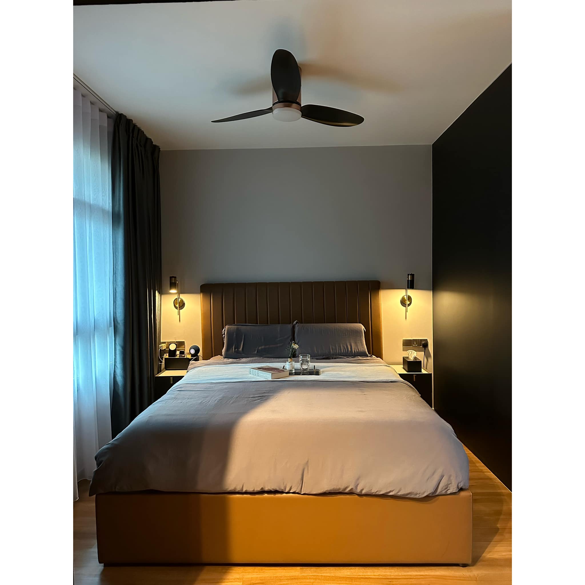 A Modern-luxe Haven, An Elegant Retreat - Modern bedroom interior, minimalist design, large bed, gray bedding, wooden floor