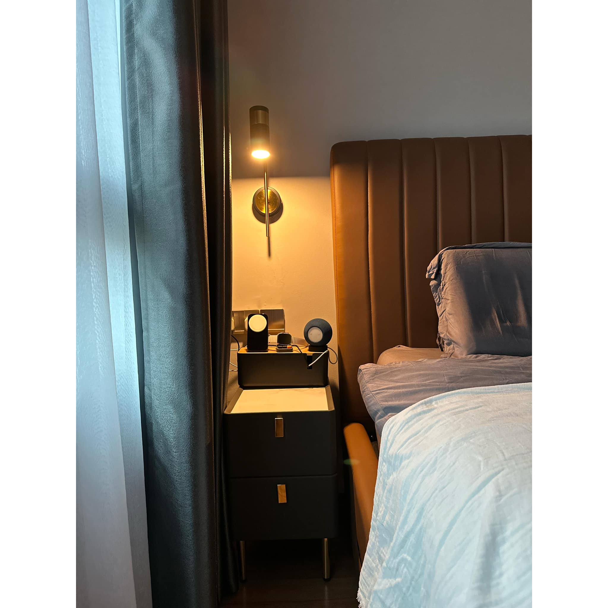 A Modern-luxe Haven, An Elegant Retreat - Bedroom, nightstand, bedside table, lamp, wall sconce, soft lighting, cozy