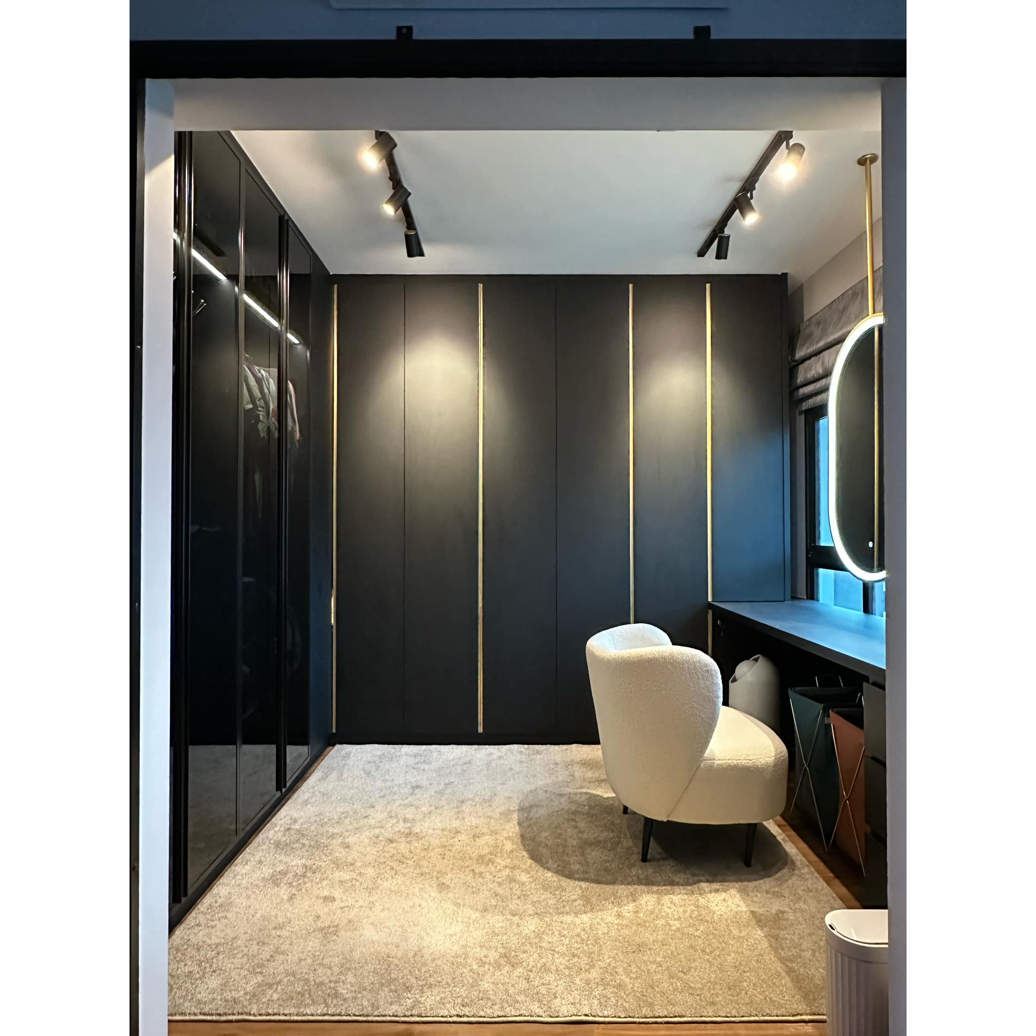 A Modern-luxe Haven, An Elegant Retreat - Modern minimalist bedroom, sleek black wardrobe, vertical light strips