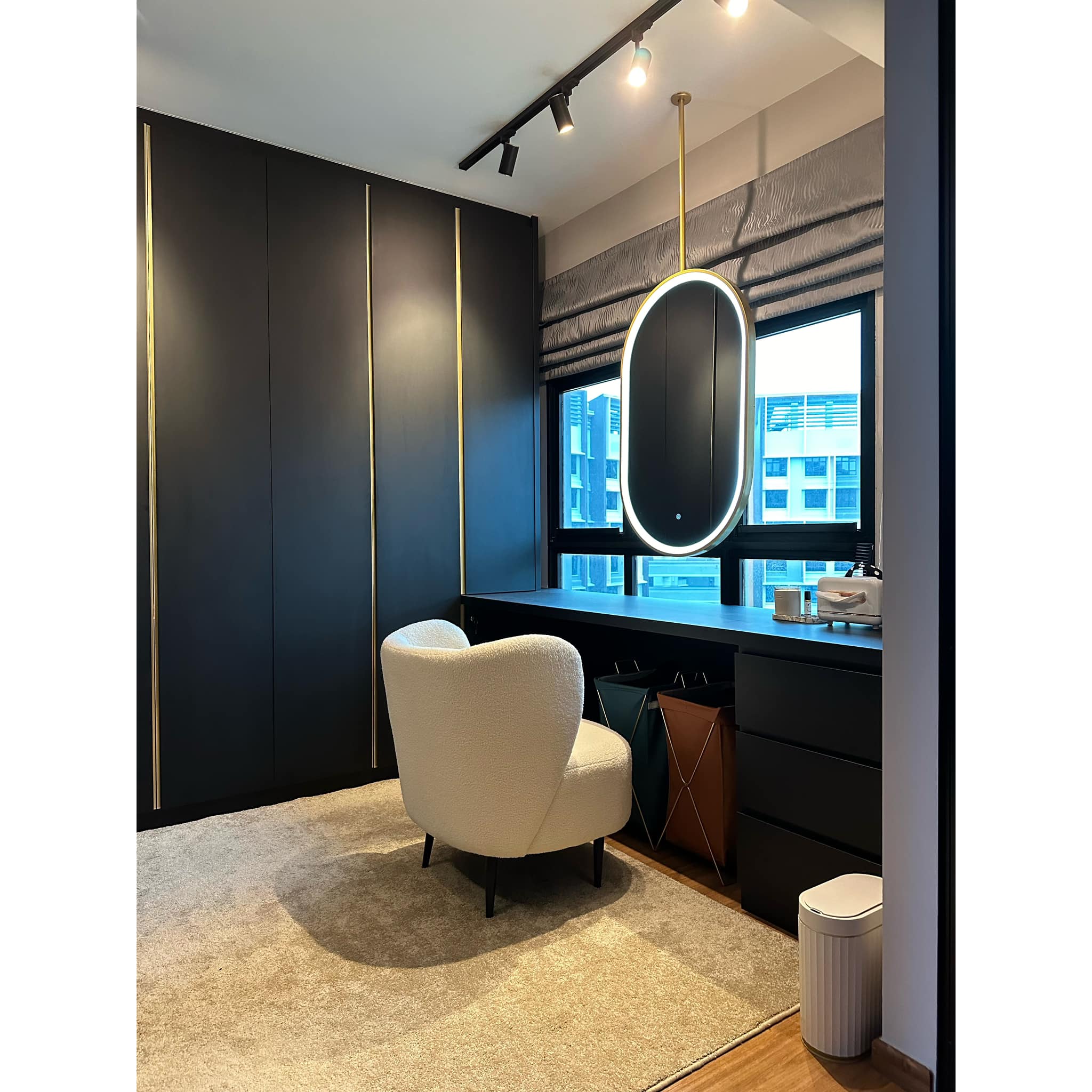 A Modern-luxe Haven, An Elegant Retreat - Modern minimalist bedroom, sleek black wardrobe, gold accent lighting, circular