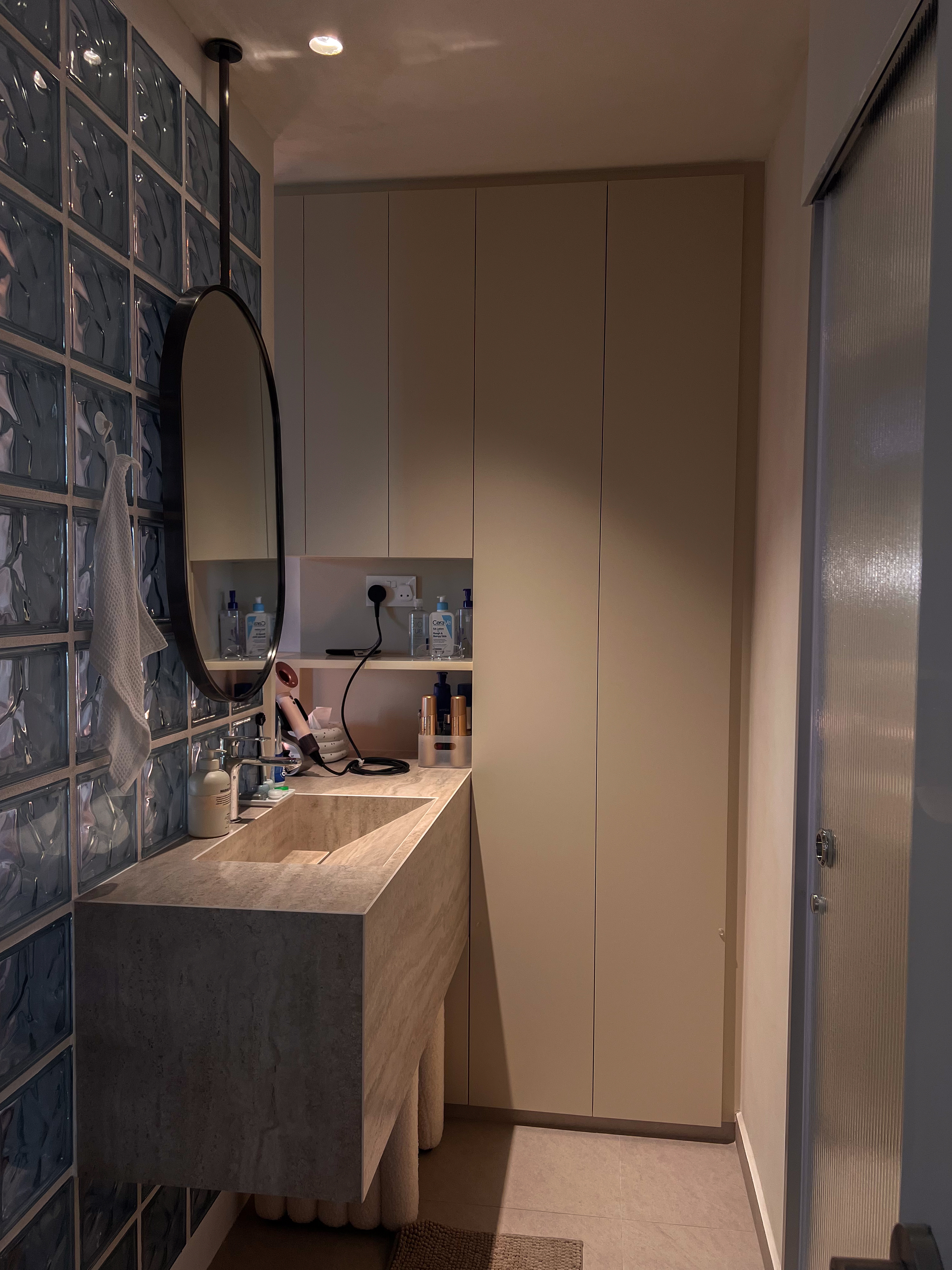 Is it a good idea to bring your vanity out of your toilet?  - Modern bathroom vanity with sleek design, beige cabinets, tiled