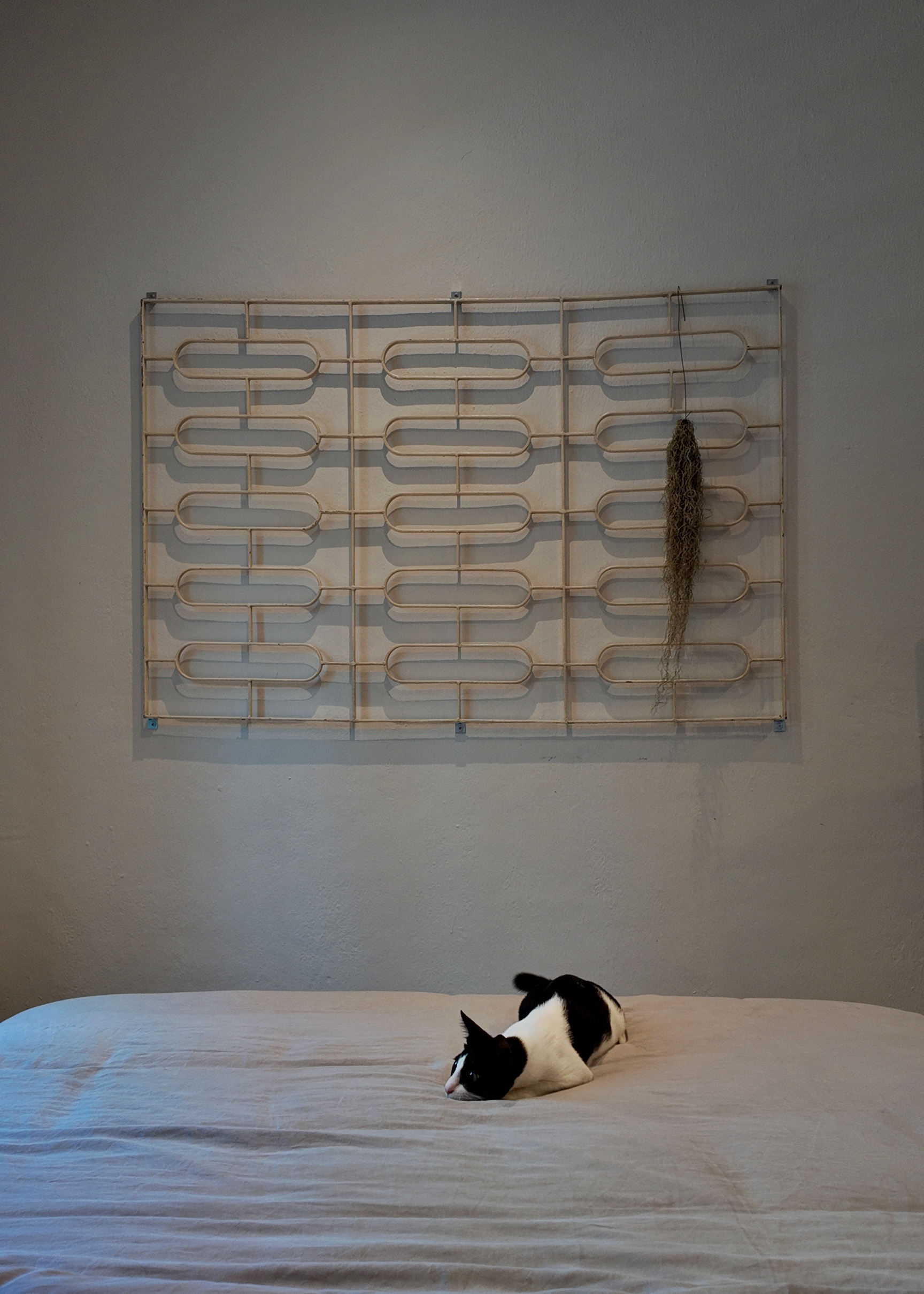 A living room within our bedroom - wall-mounted metal rack, beige, rectangular, grid pattern, hanging, natural fiber, organic