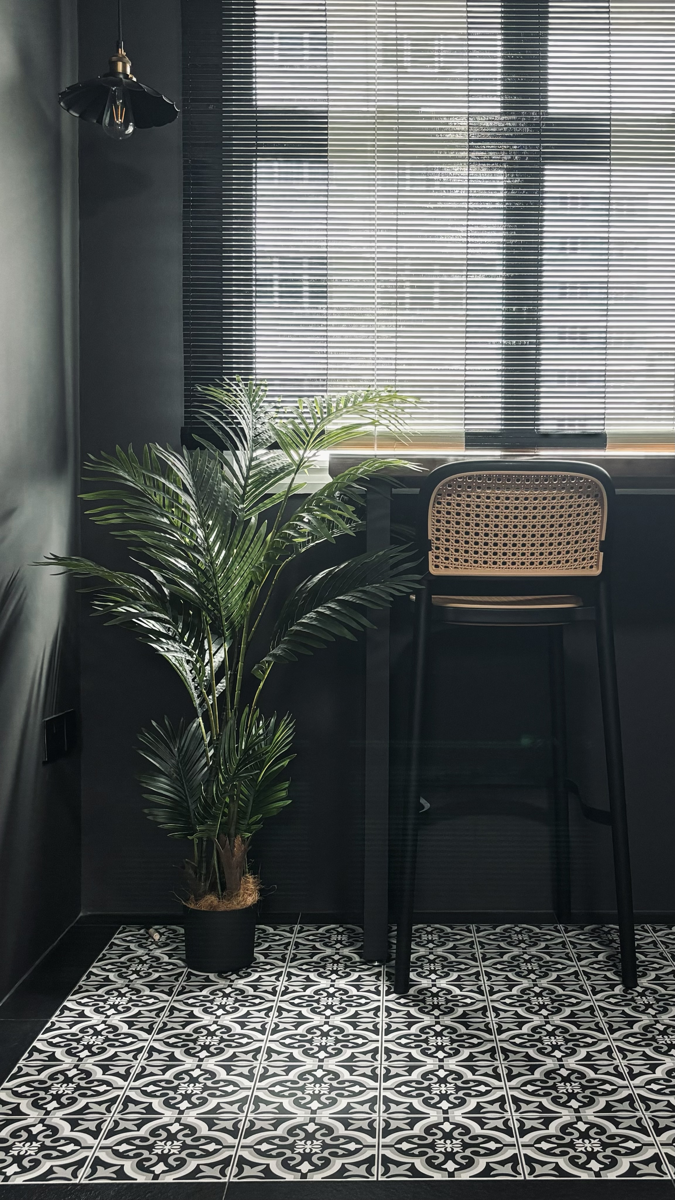 Home decor ideas - we change them from time to time! - black and white patterned floor, modern interior, indoor plant, black