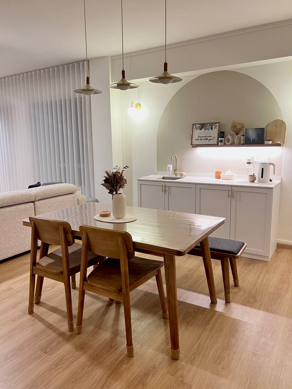 Our very rectangular dining area - Wooden dining table, minimalist kitchen, modern decor, light-colored walls, white