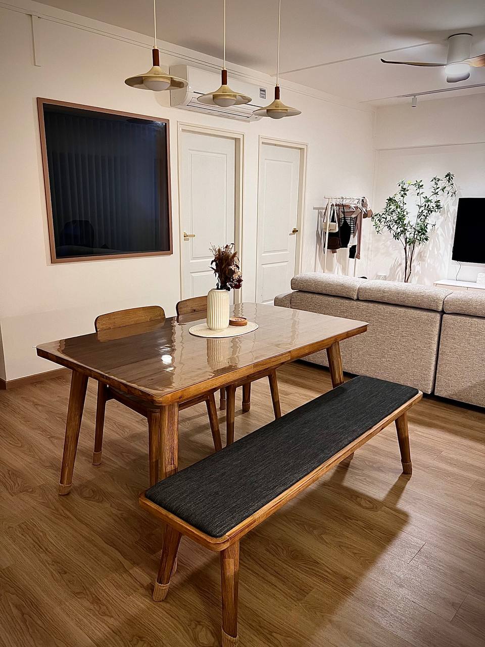 Our very rectangular dining area - Wooden dining table, minimalist design, modern decor, cozy living room, wooden bench