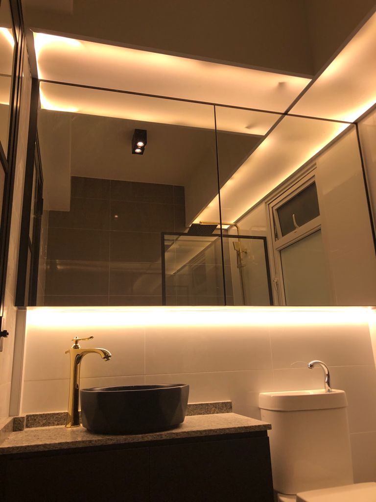 Lights, Cameras, Flash: Warm Lights All The Way in a 4Room BTO - Modern bathroom with sleek design, gold faucet, black basin