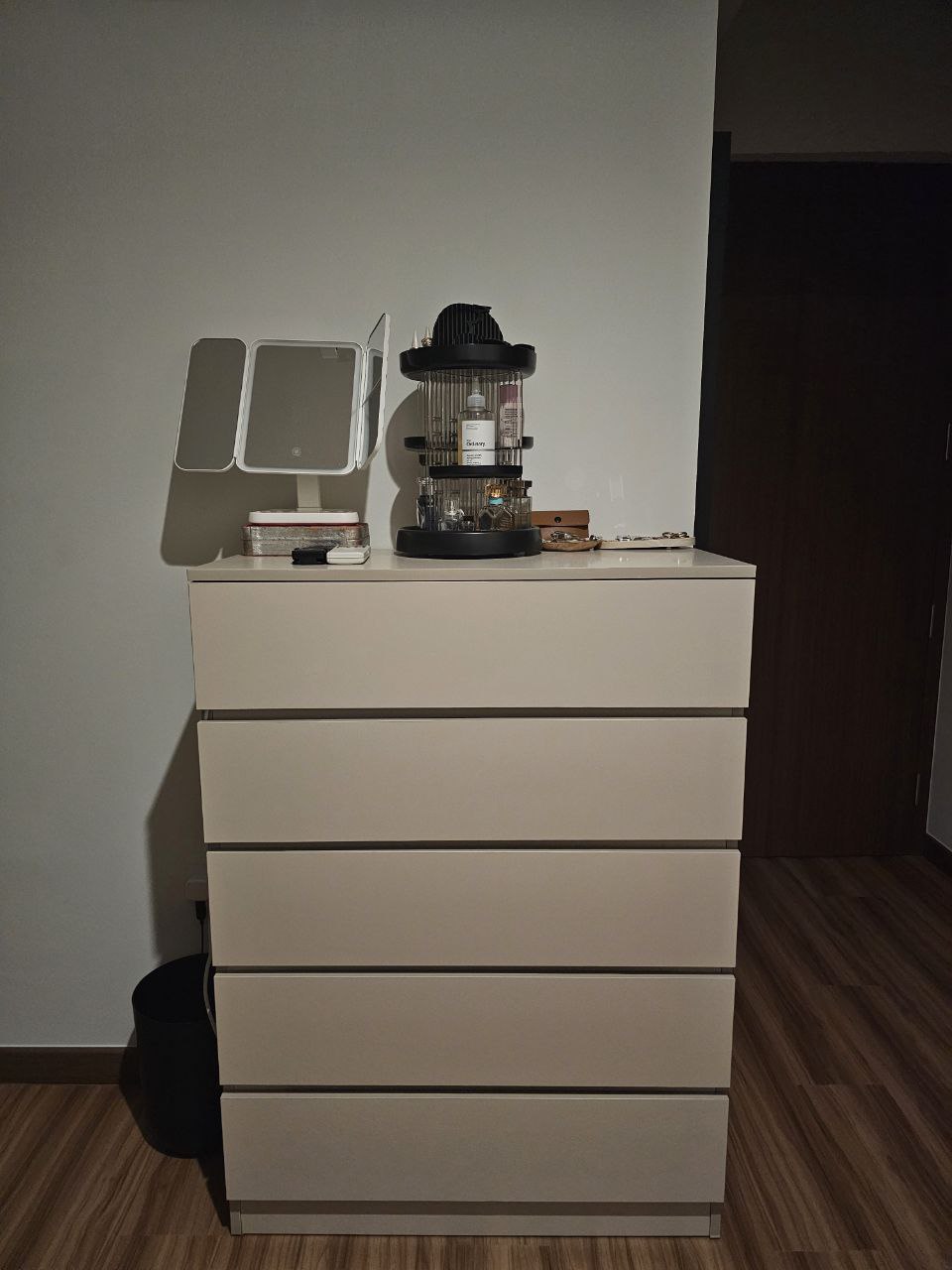 Simple living - prioritizing function and convenience in our bedroom - White dresser, minimalist design, three drawers