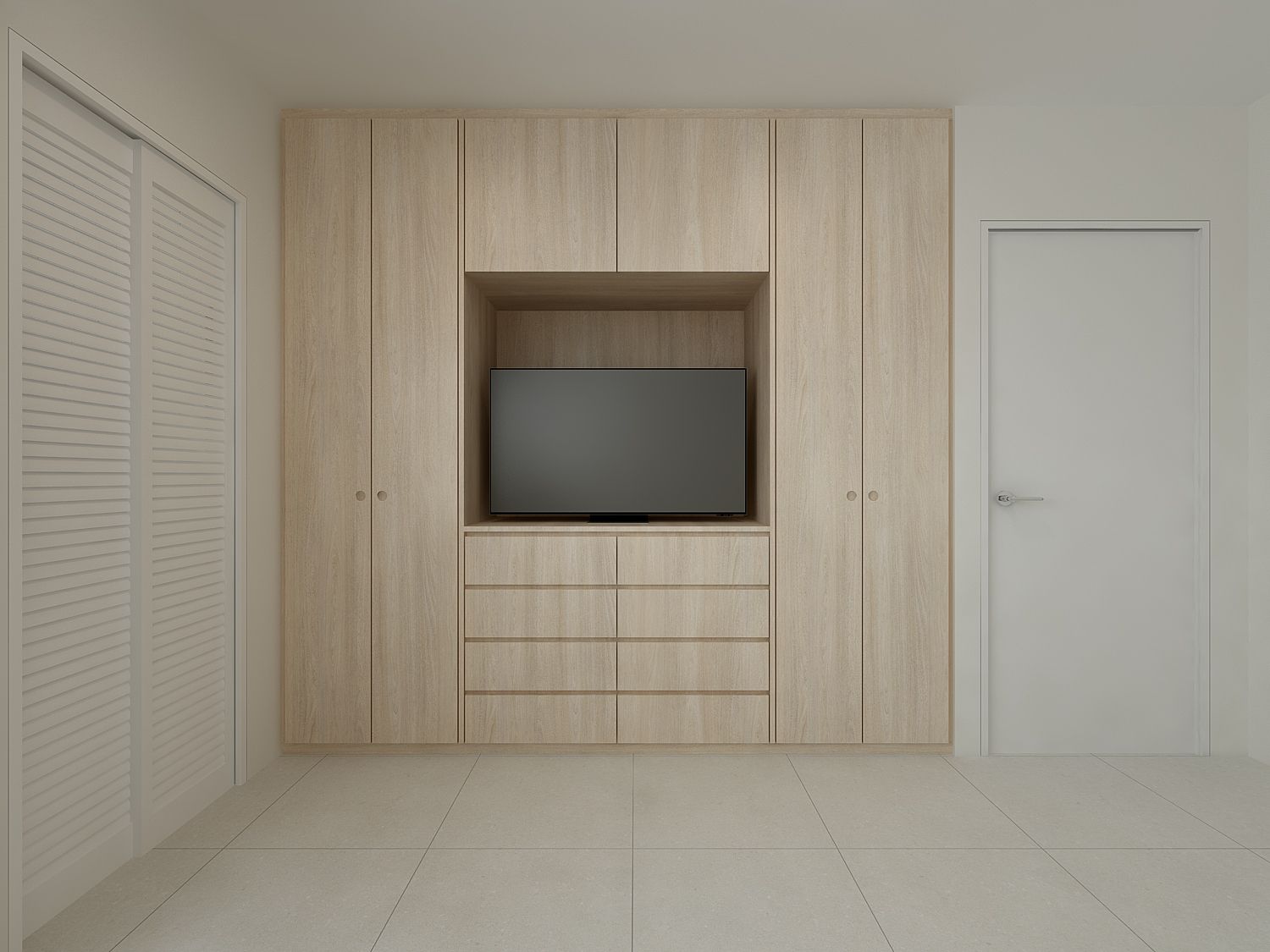 Maximising space in our compact master bedroom  - Wooden entertainment center, minimalist design, light wood finish, built-in