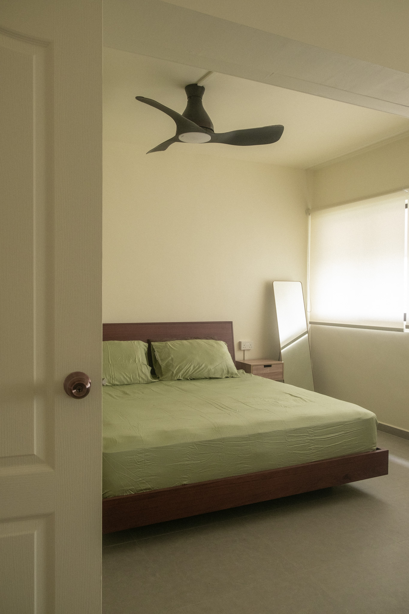 Creating a comfy Master Bedroom - Bedroom, bedroom interior, bedroom furniture, bed, nightstand, light green sheets, green