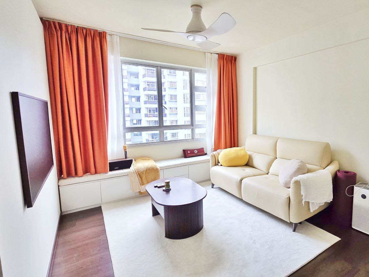 Transforming Our Living Room : Minimalist and Smart Storage Solution - Modern living room with beige sofa, white coffee