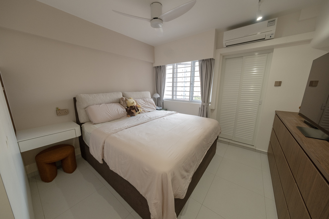 Maximising space in our compact master bedroom  - Compact bedroom with twin bed, beige bedding, plush toys on bed, ceiling