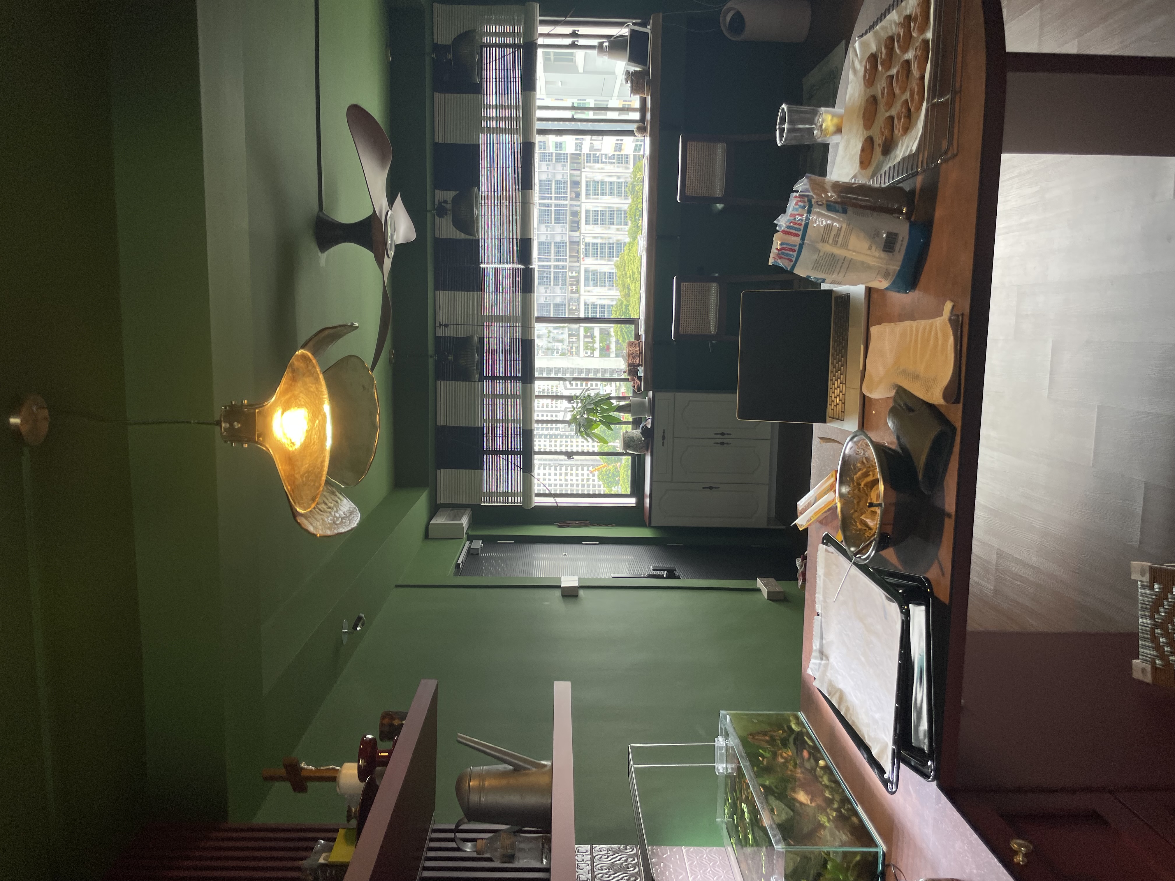 Peninsula: Versatile Dining Area for Every Occasion - Green interior, modern decor, hanging light fixture, large window, city