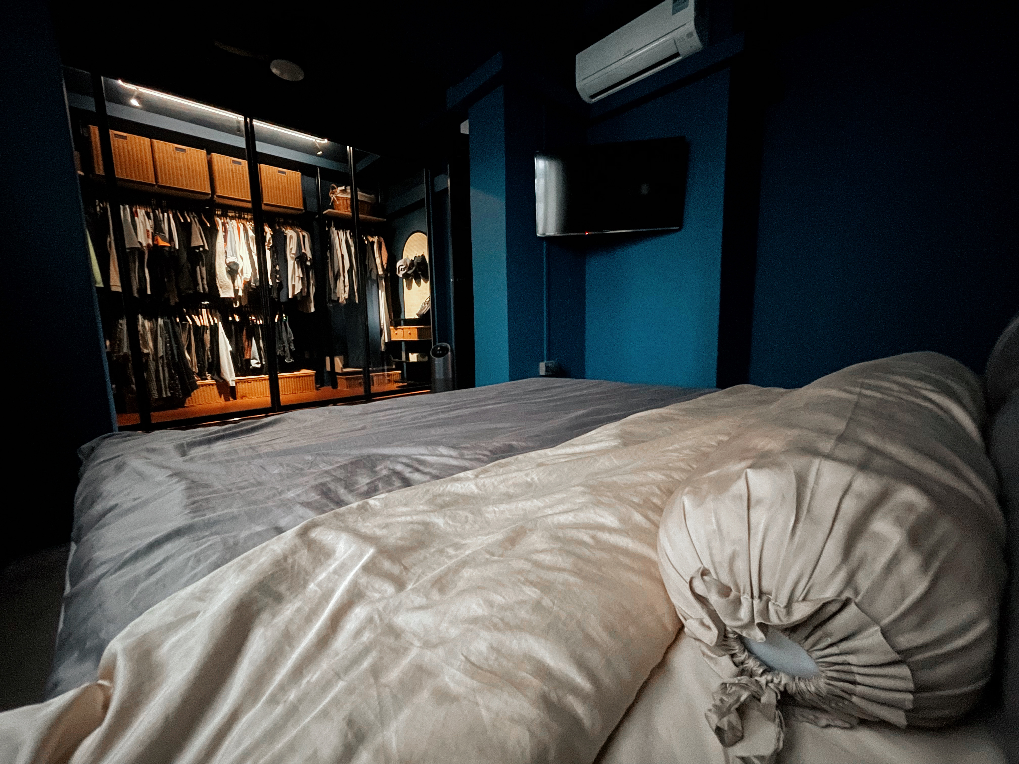 The Perfect Mistake: How a Wrong-Sized Bedframe Completed Our Space - Bedroom interior, neatly made bed, beige and gray