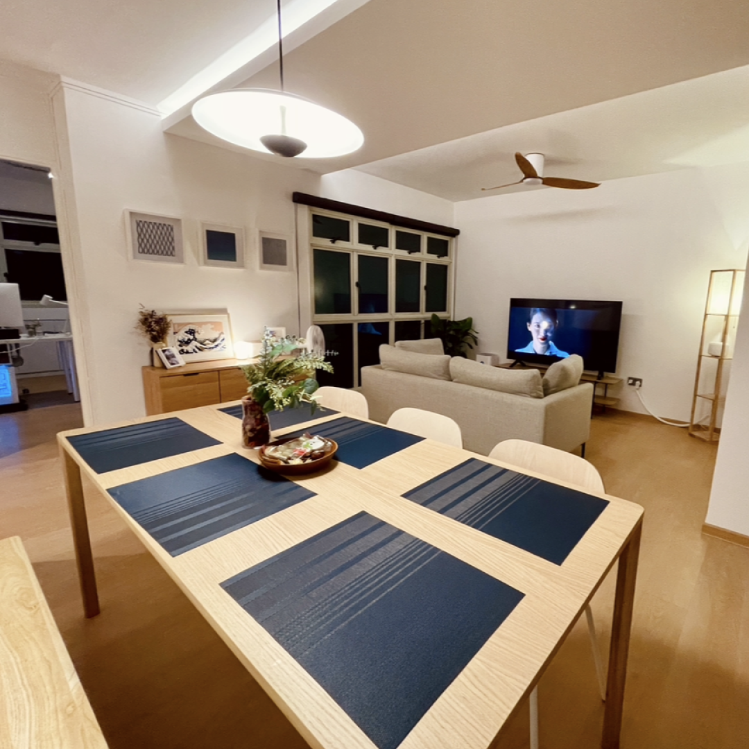42k Reno for a 4 room resale flat in Punggol  - Wooden dining table with blue placemats, modern living room, minimalist