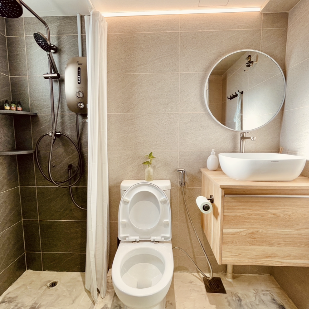 42k Reno for a 4 room resale flat in Punggol  - Modern bathroom with sleek design, beige tiled walls, white toilet with open