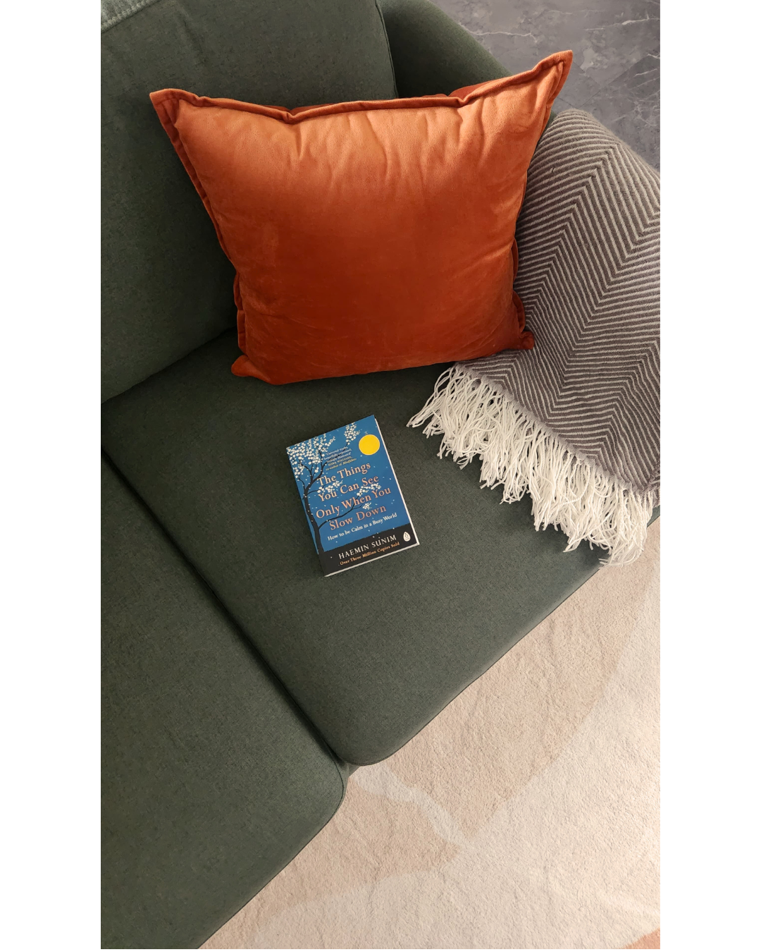 Cozy Up for Movie Nights: The Charm of Full-Height Glass Doors - Green sofa, orange pillow, gray striped pillow, blue book