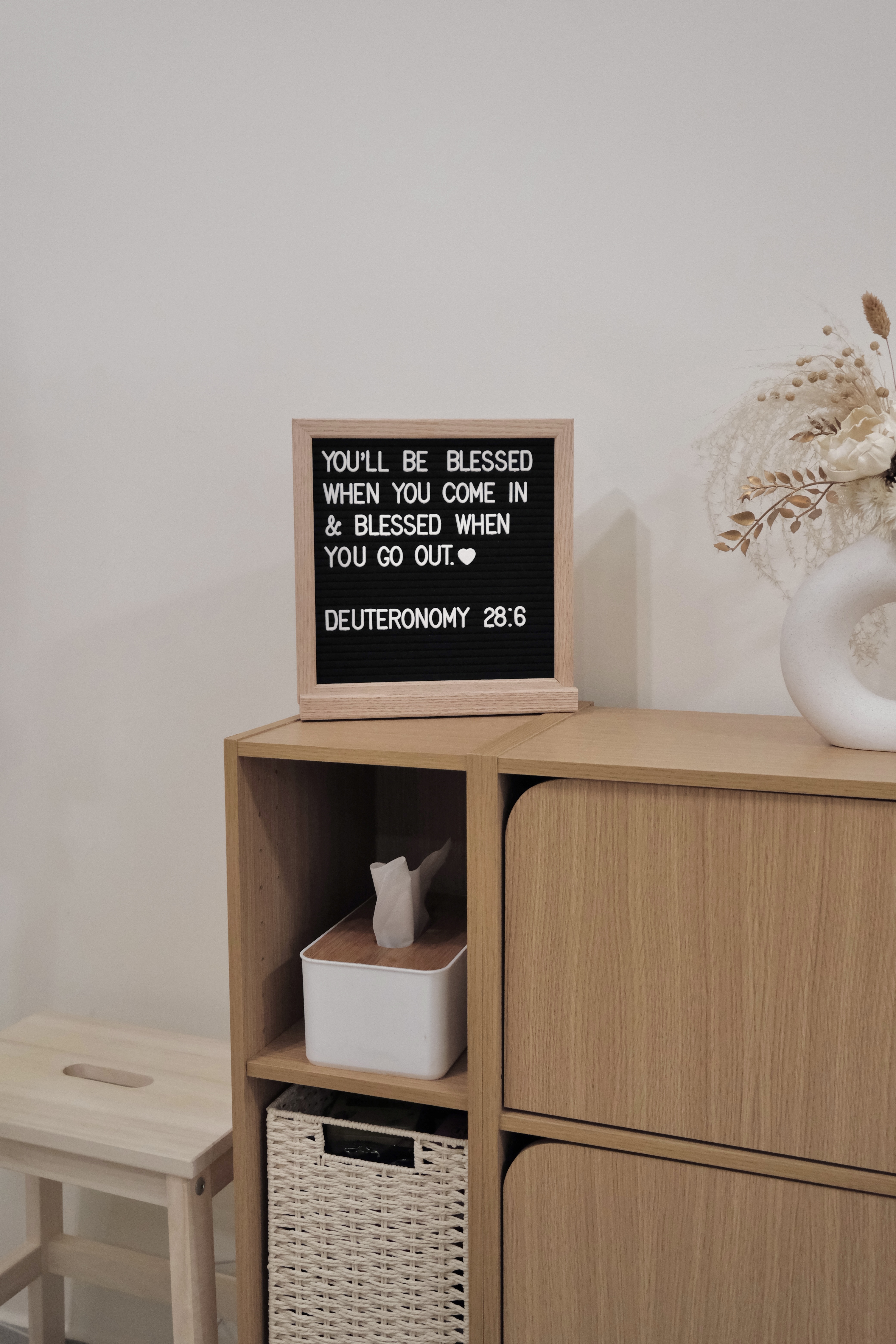 Here's why we can't leave this cosy living room! - Wooden shelf, minimalist decor, blackboard sign, "YOU'LL BE BLESSED WHEN