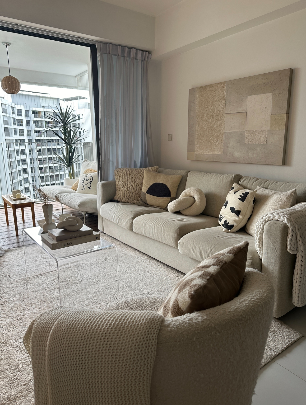 Bright And Airy Living Room: With Zero Reno Or Built-In, Only Styling! - Modern living room with beige sofa, abstract wall