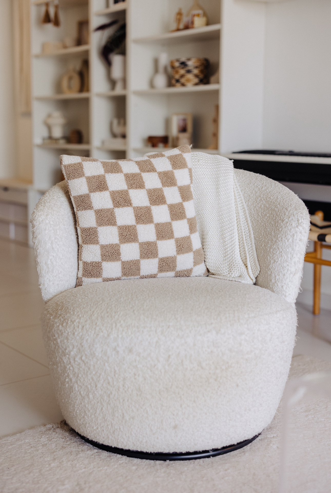Bright And Airy Living Room: With Zero Reno Or Built-In, Only Styling! - Cream and brown checkered throw blanket, plush