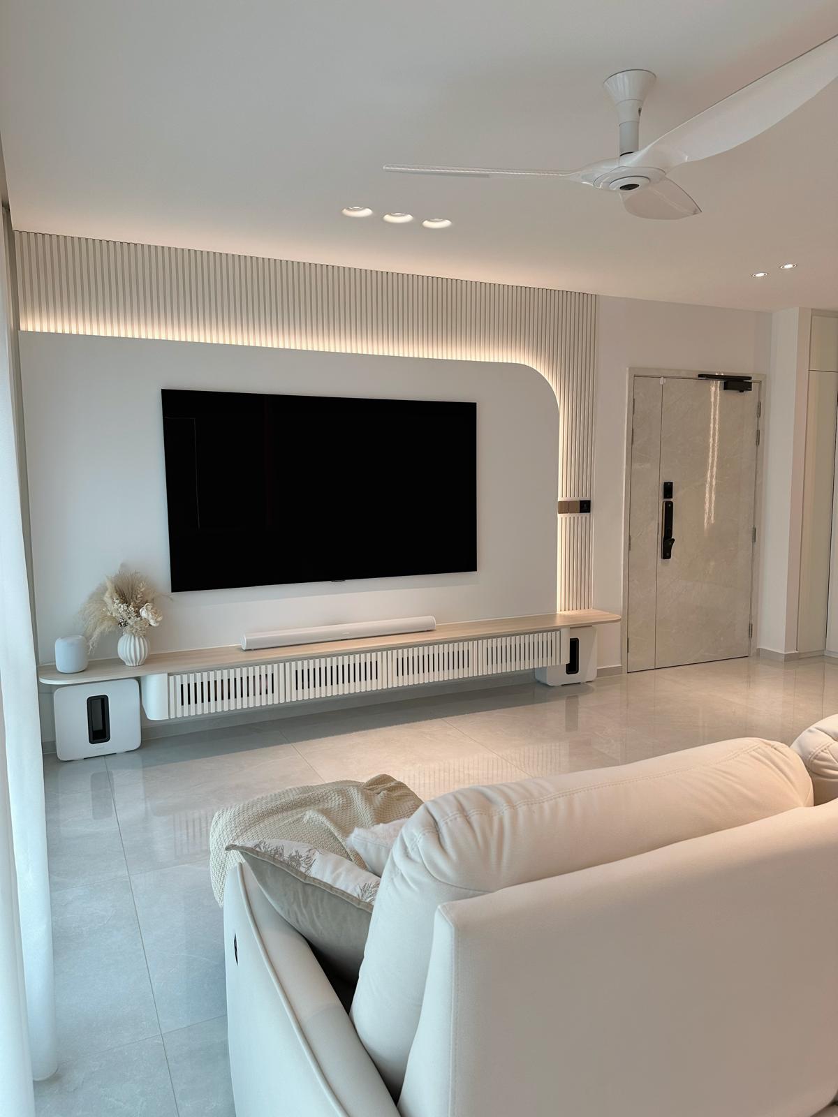 Our Living Room: Smart & Luxe (with a 83” TV!) - Modern minimalist living room, sleek entertainment center, large flat-screen