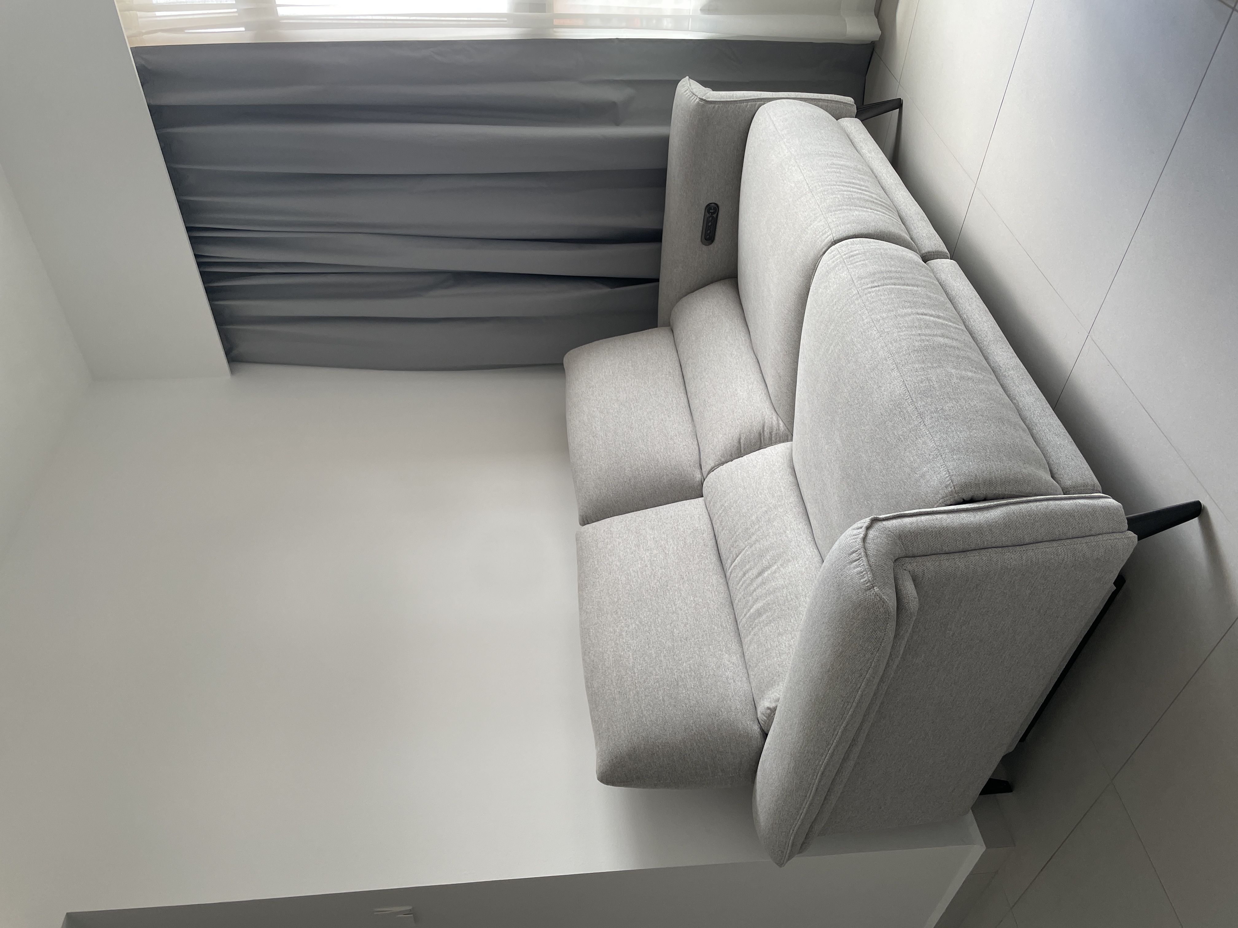 A Minimalist White & Grey Living Room: Heart Of Our Home ✨ - Grey upholstered sofa, minimalist design, modern interior, light