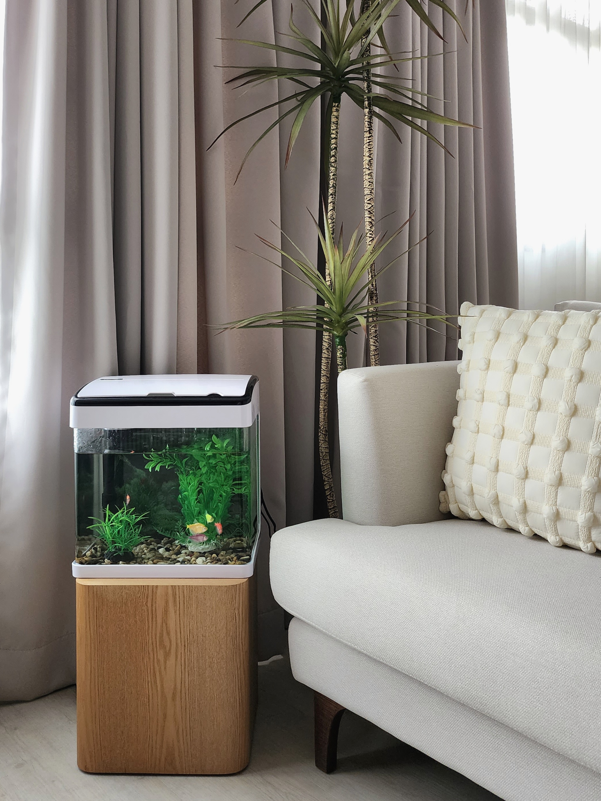 Our Living Area: A Reflection Of Our Innerselves  - aquarium, indoor setting, modern decor, green plants, white cushion