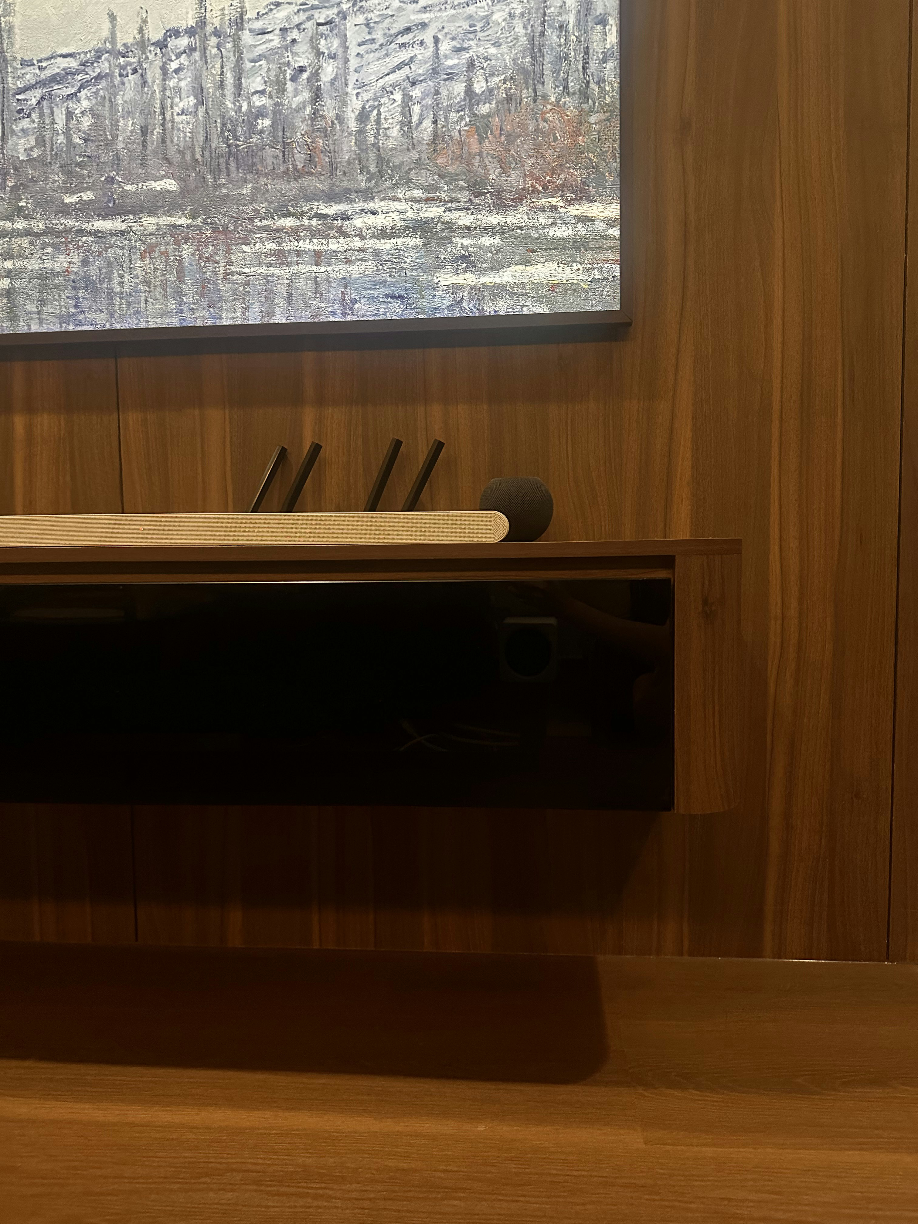 Lounging Area with a Warm Glow✨ - Wooden wall, modern design, abstract painting, minimalist decor, wooden shelf, sleek