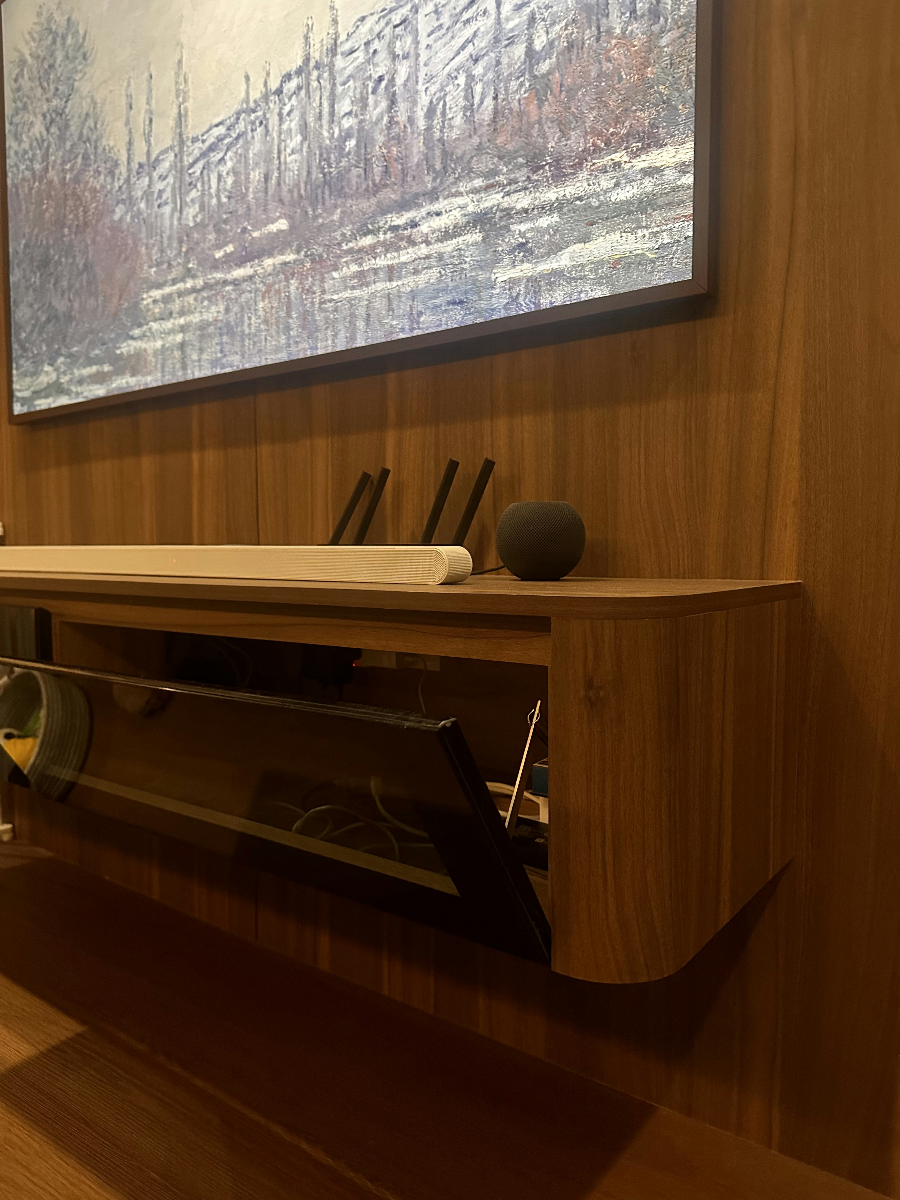 Lounging Area with a Warm Glow✨ - Wooden shelf, modern design, abstract painting, landscape painting, nature scene, serene