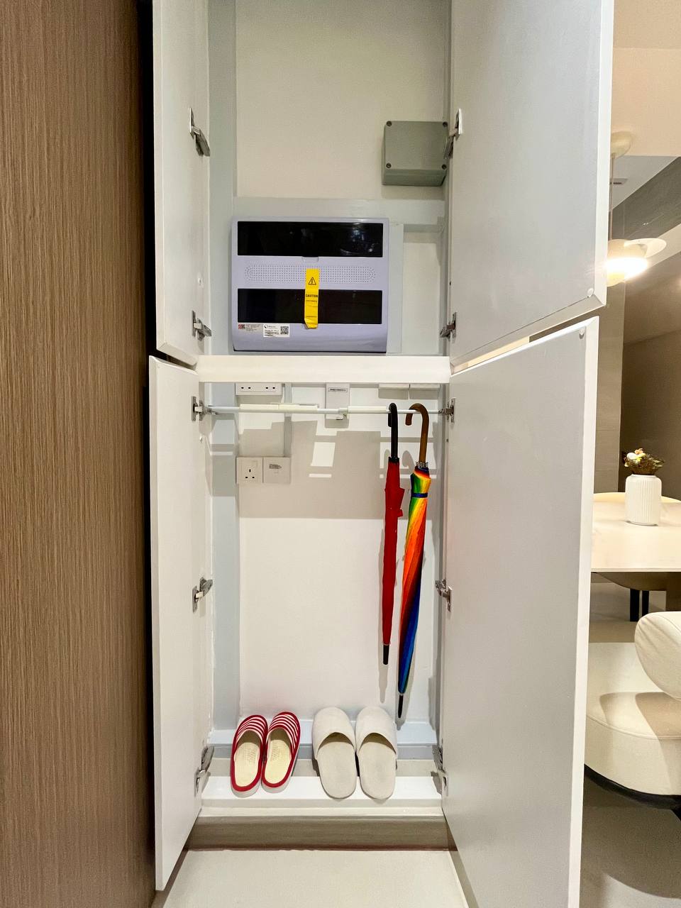 Turning a Small Entryway Into a Functional Space Without Built-ins - microwave, open cabinet, white cabinets, indoor air