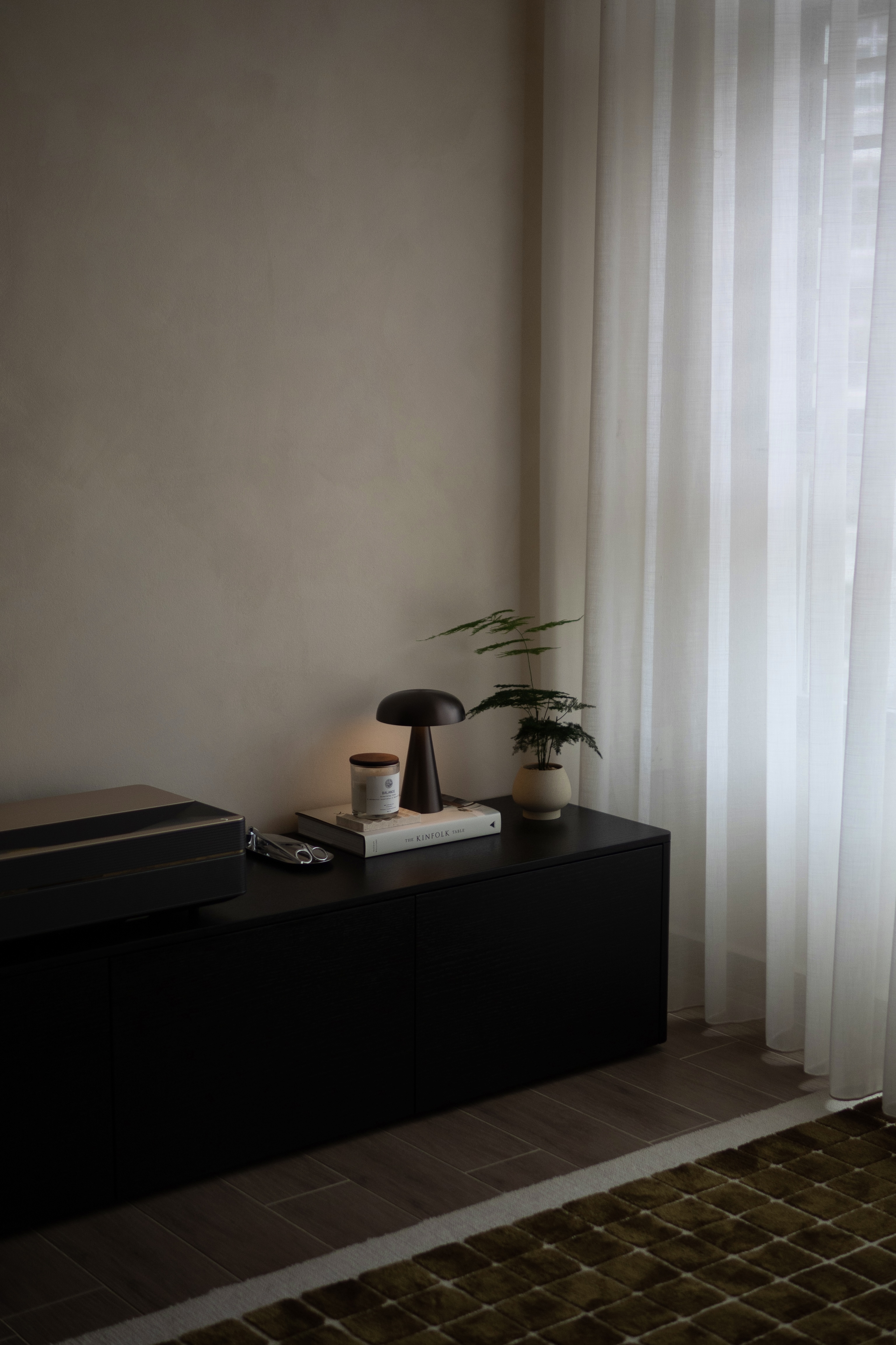 Cozy Living Room Ambiance with Textures and Lighting - No Built Ins! - Minimalist black cabinet, soft beige wall, modern
