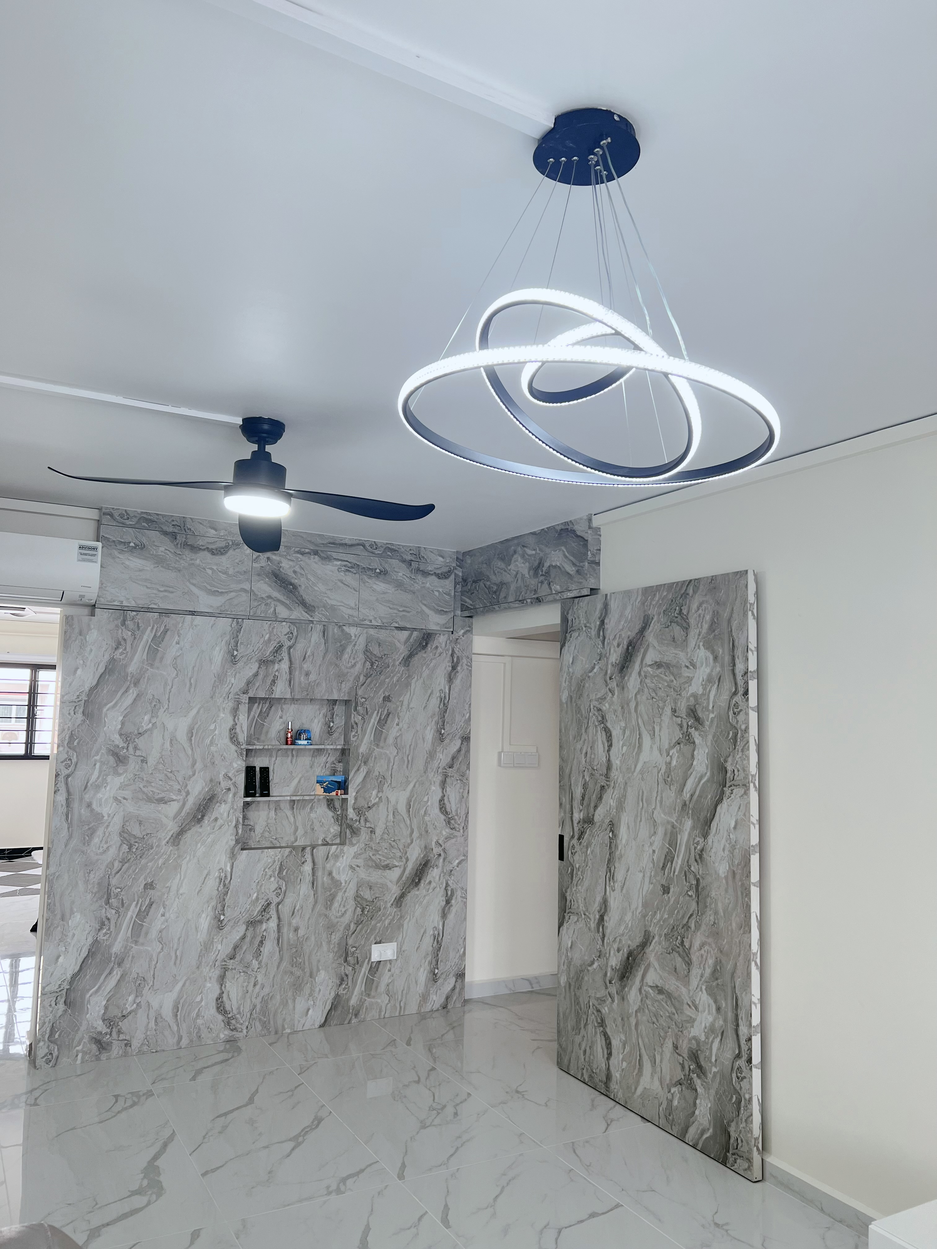 Living Room: Blending cherished furnitures with ample open space  - Modern minimalist interior, marble accent wall, ceiling