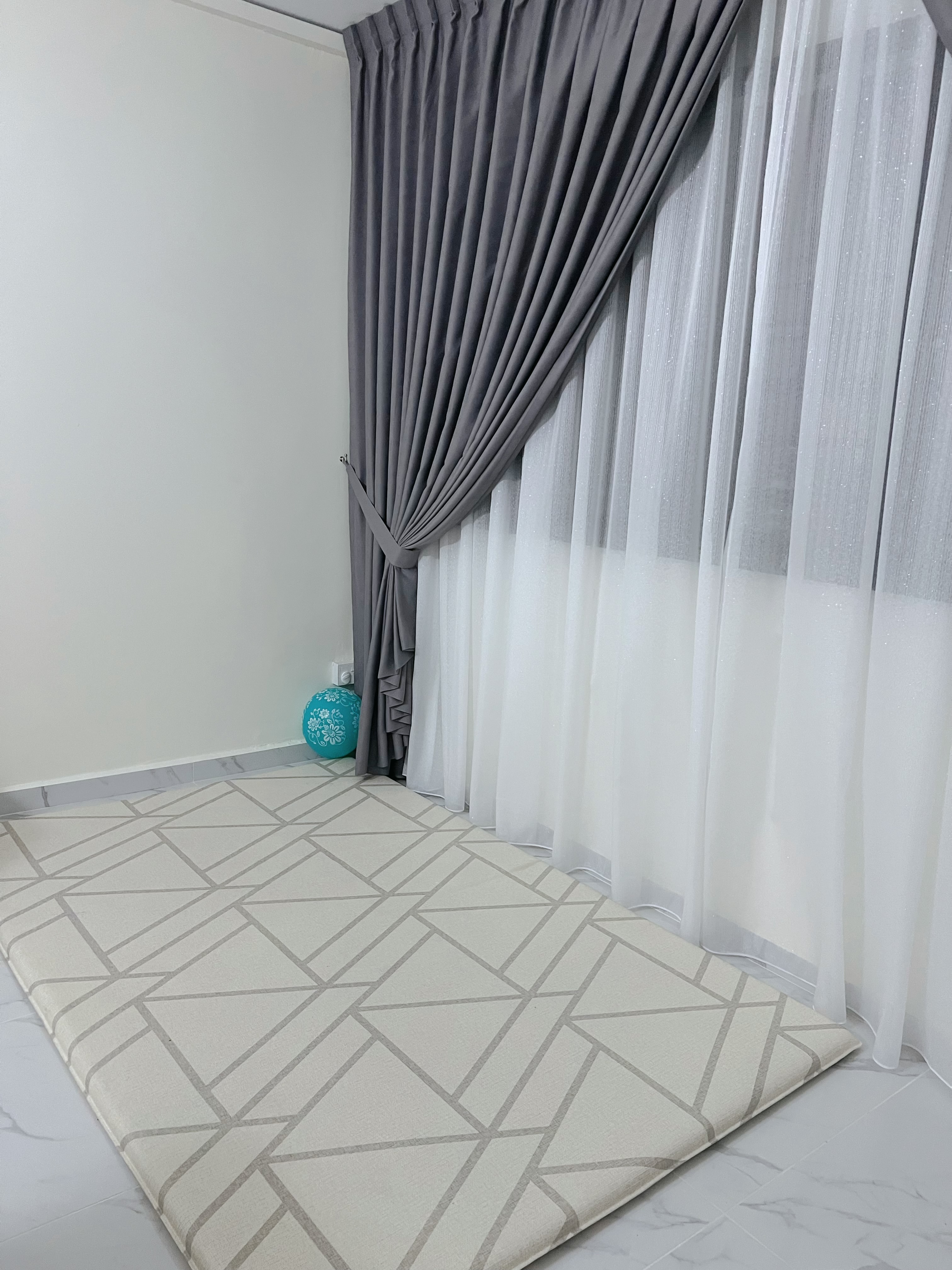 Living Room: Blending cherished furnitures with ample open space  - Grey curtains, sheer white curtains, geometric patterned