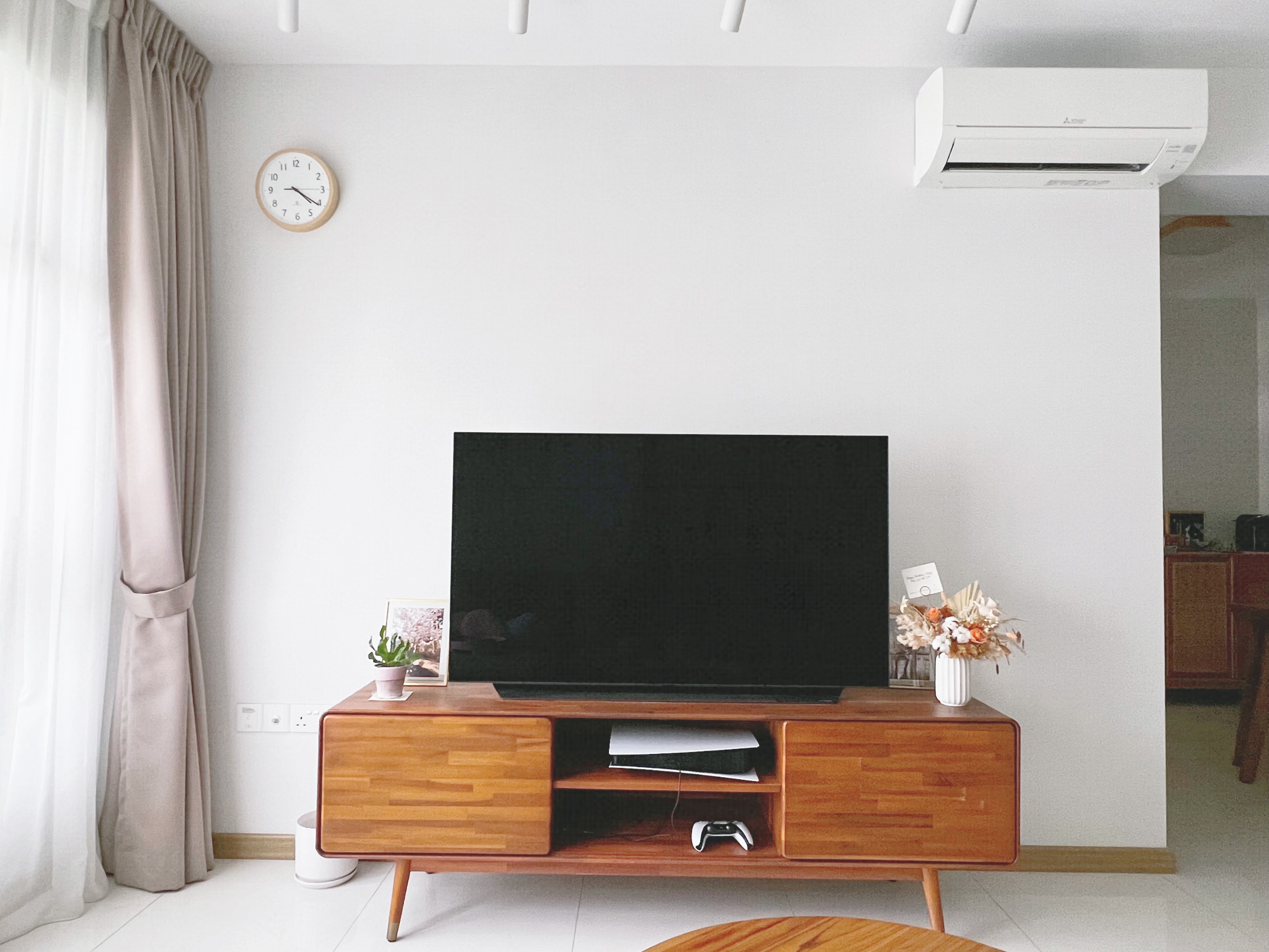 Within $3k Budget Living Room: Simple yet sophisticated ☺️  - White minimalist living room, modern decor, wooden TV stand