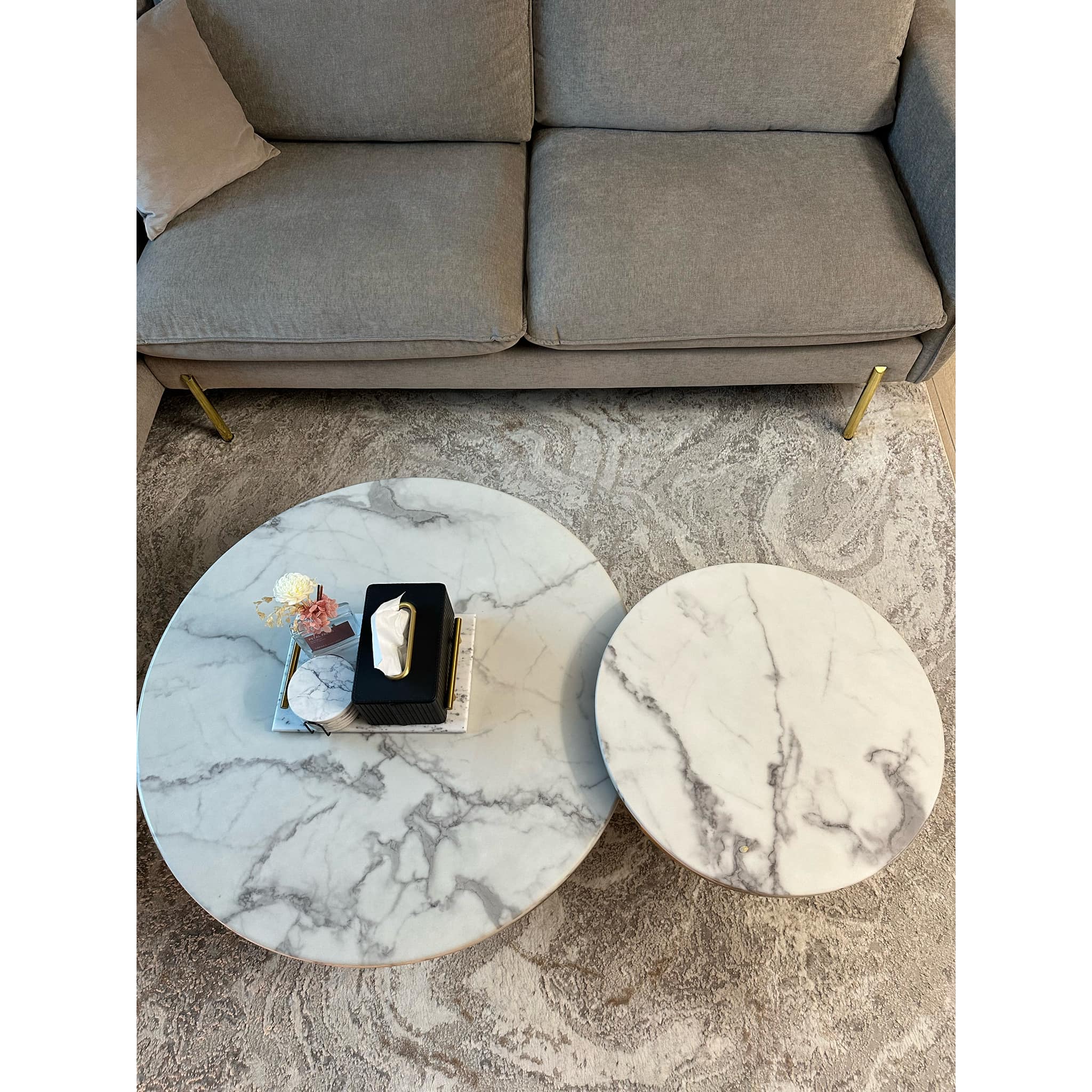 Creating A Modern-luxe Living Room Through Perfect Furniture Pairing - Modern gray sofa, marble coffee table, textured gray