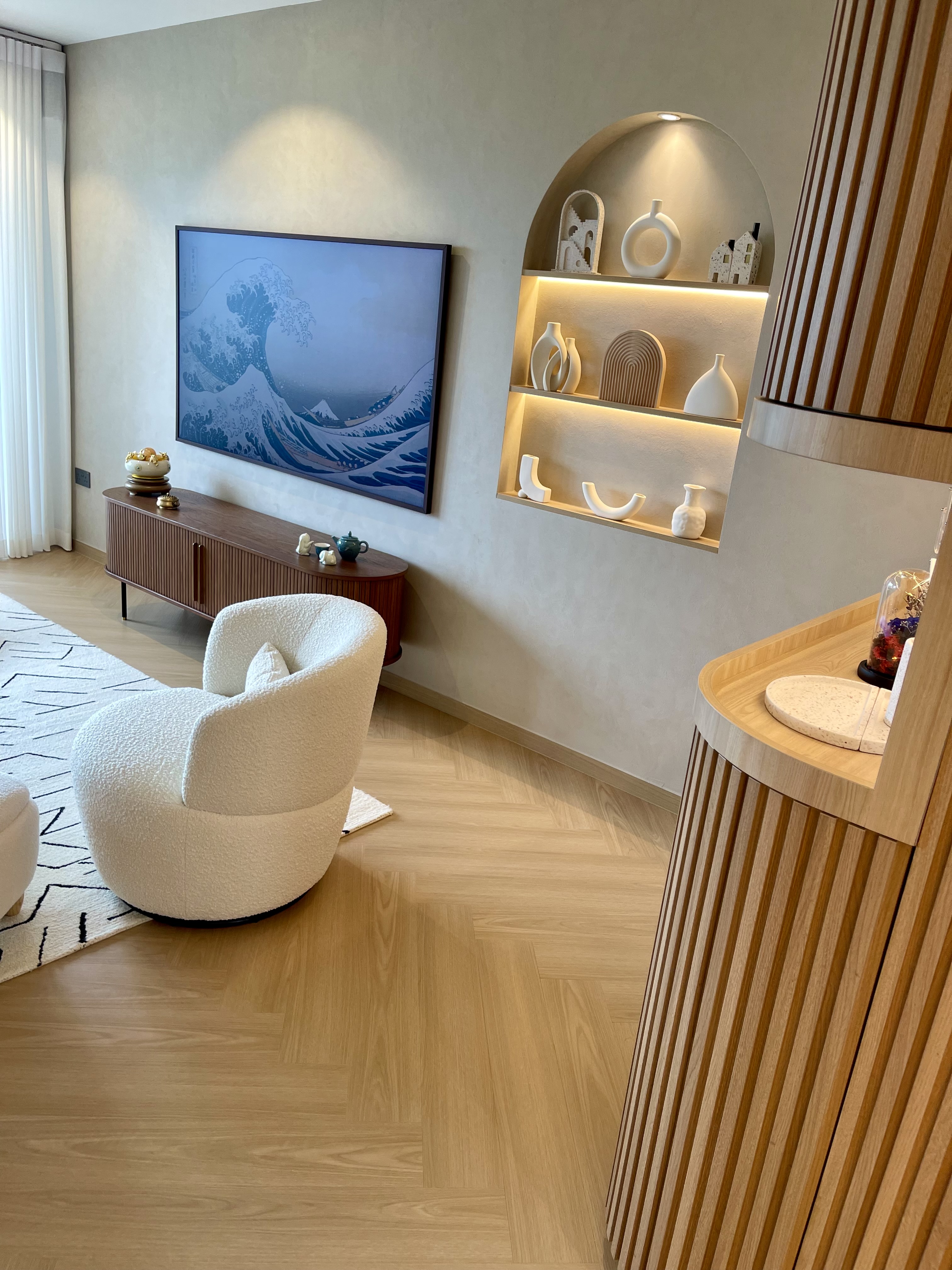 Our Japandi Lounge: A Blend Of Limewash Walls And Curved Fluted Panels - Modern living room, minimalist decor, contemporary