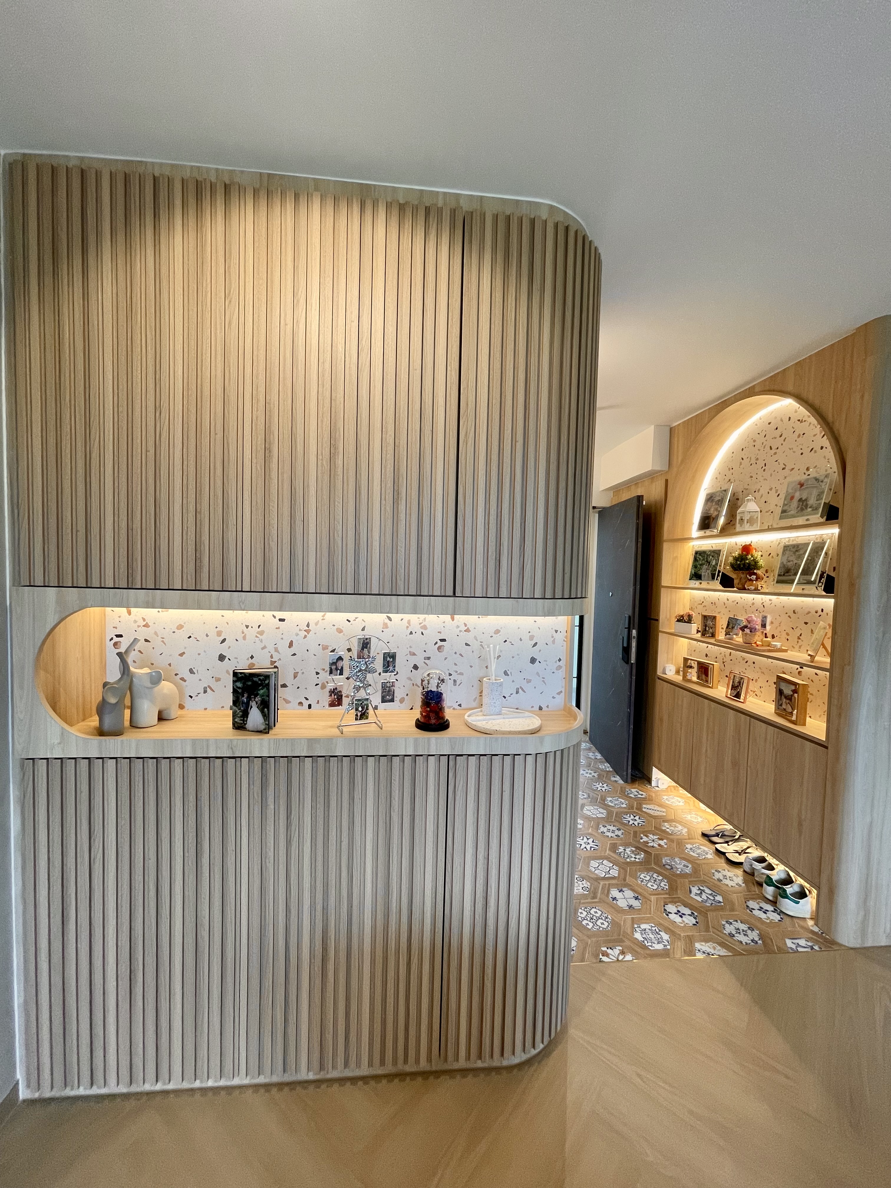 Our Japandi Lounge: A Blend Of Limewash Walls And Curved Fluted Panels - Wooden cabinetry, modern design, vertical slats