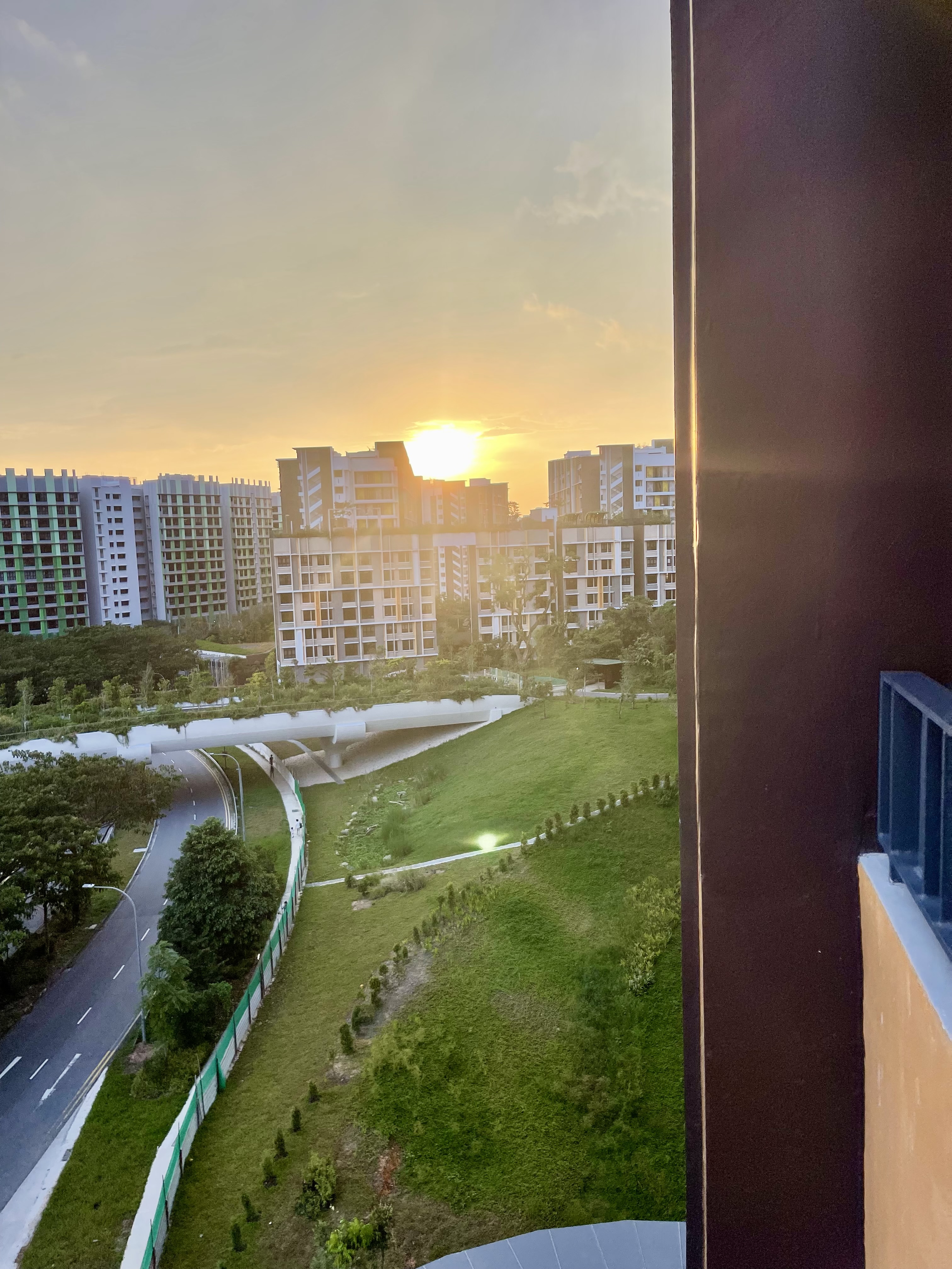 Our Japandi Lounge: A Blend Of Limewash Walls And Curved Fluted Panels - Sunset over modern apartment buildings, lush green