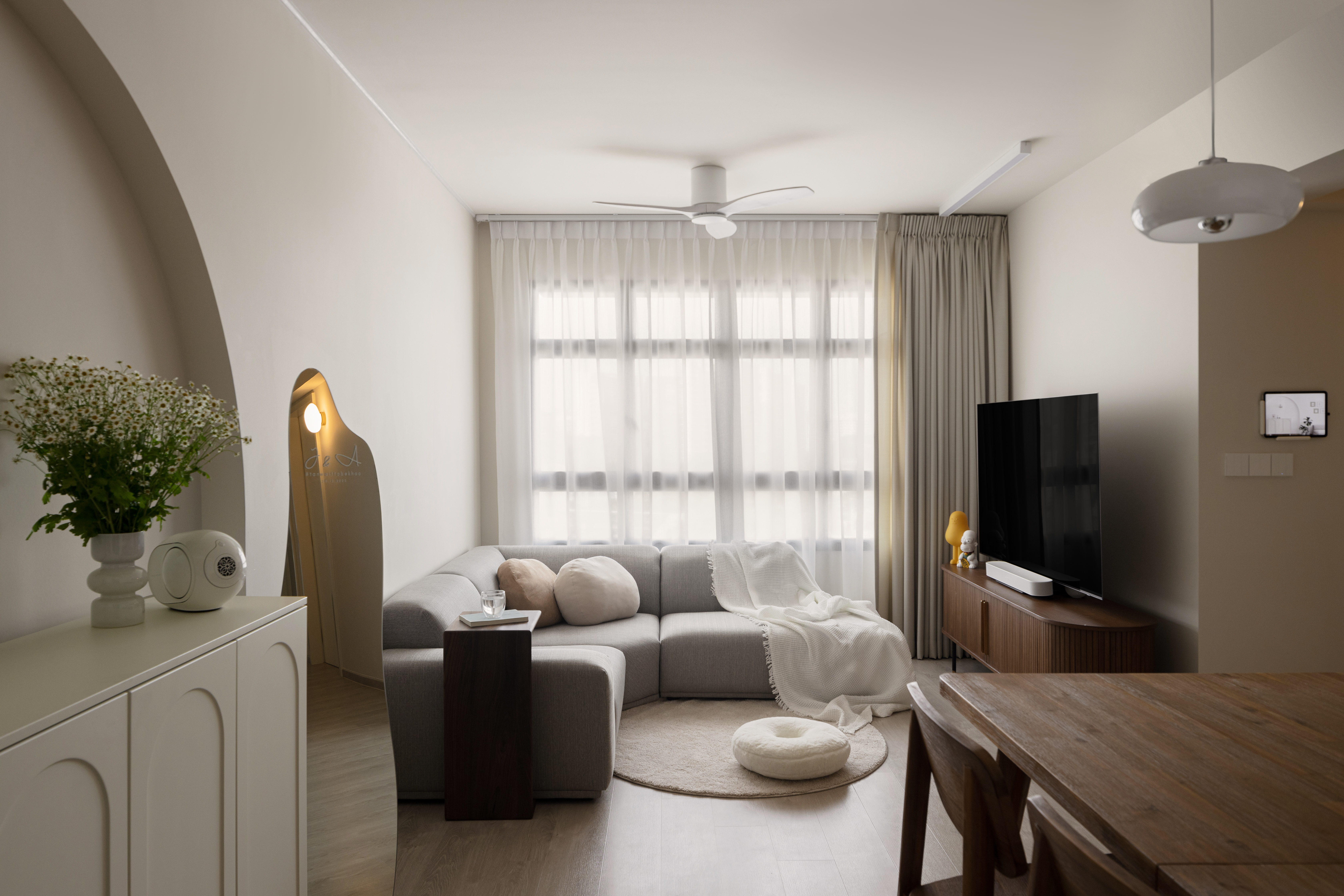 Zero Built-In Carpentry?! : Our Living Room’s Cozy Ambience - Modern minimalist living room, cozy seating area, neutral color