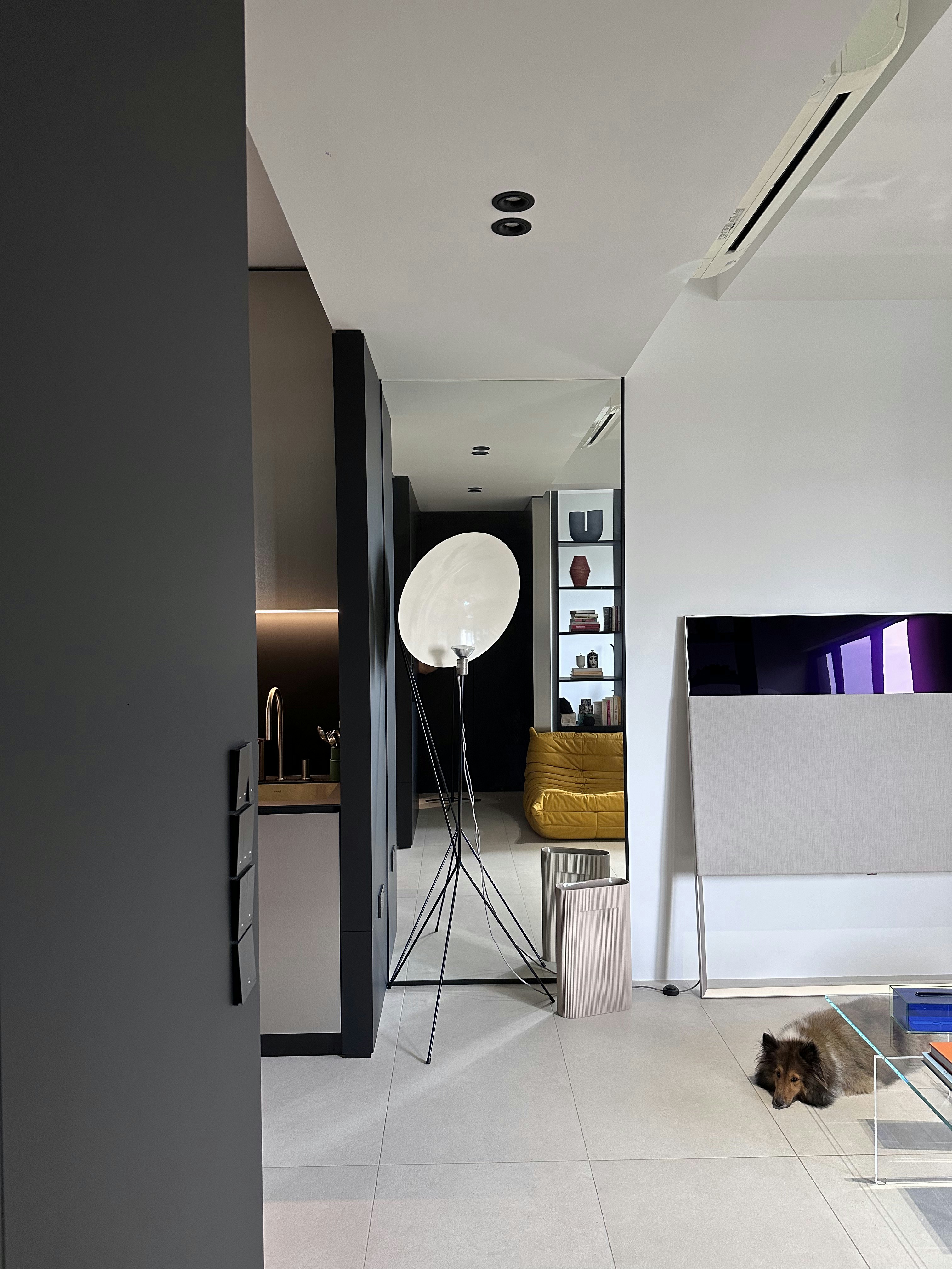 Our Living Room: A Gallery of Designer Pieces  - Modern minimalist living room, sleek black cabinets, contemporary ceiling