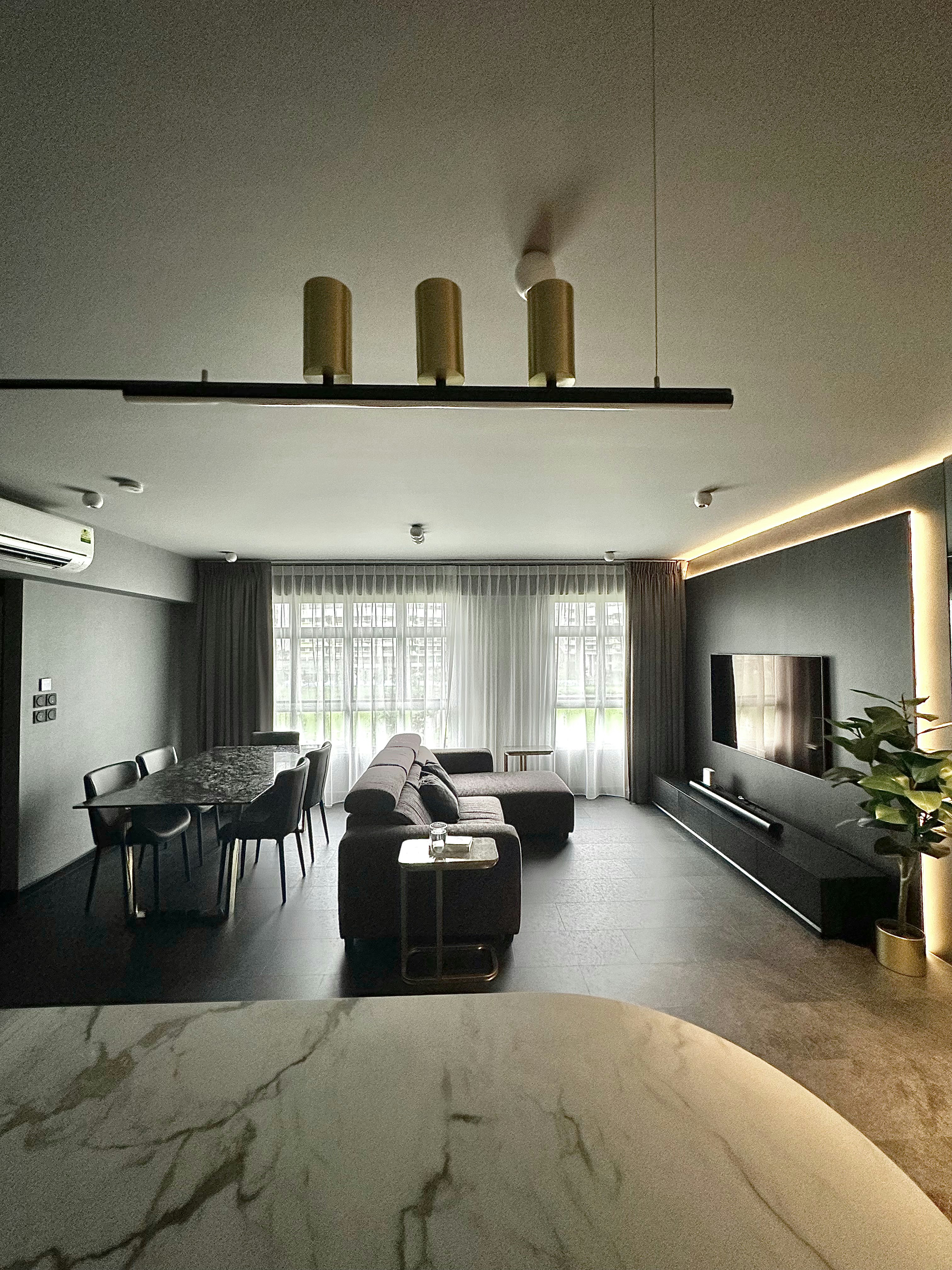 Living Room’s Centerpiece: Custom Island with Hidden Wine Chiller - Modern minimalist living room, sleek dining table, dark