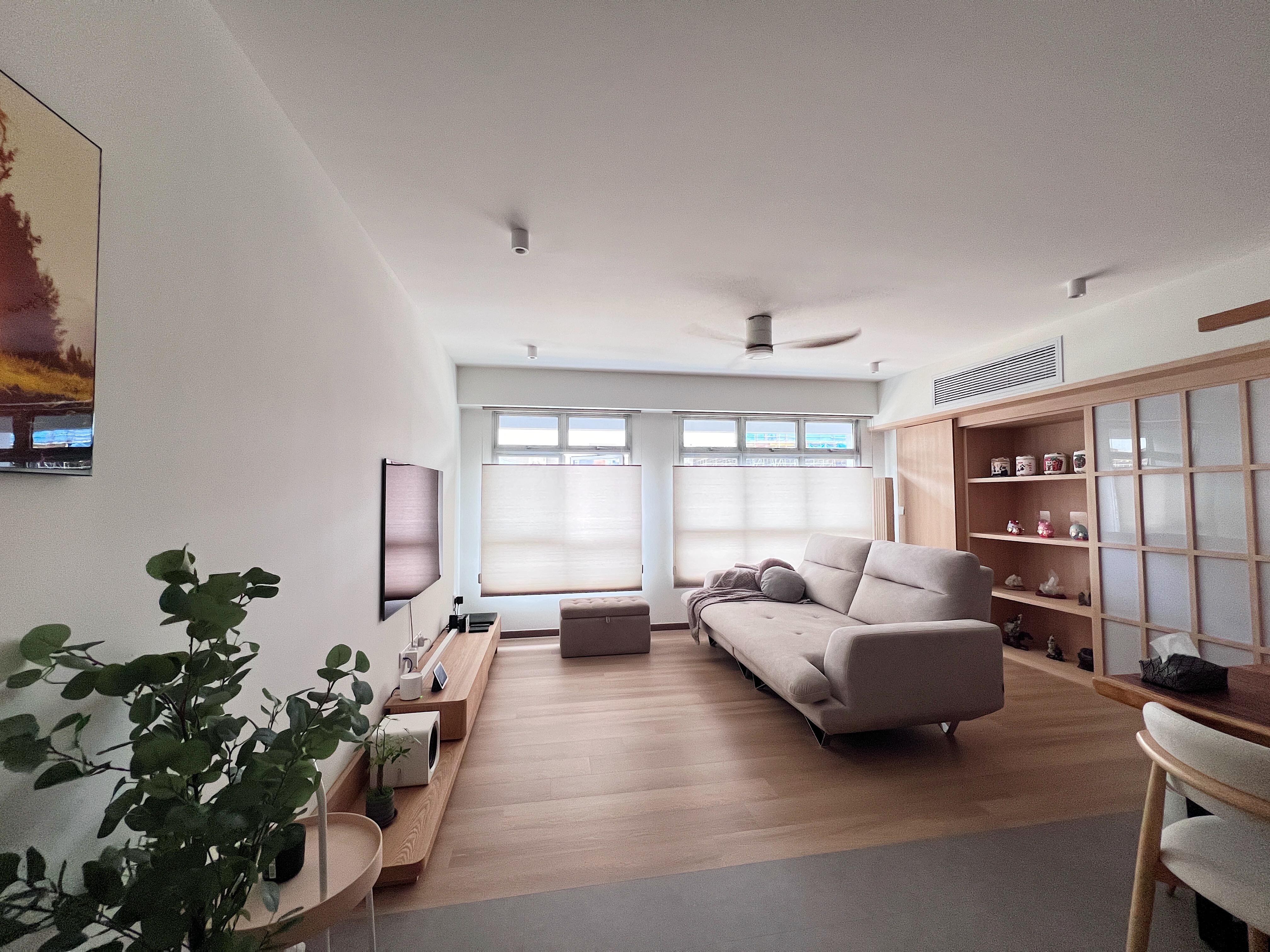 Into our Modern Japanese zen living room - Modern living room, minimalist design, cozy atmosphere, large windows, natural