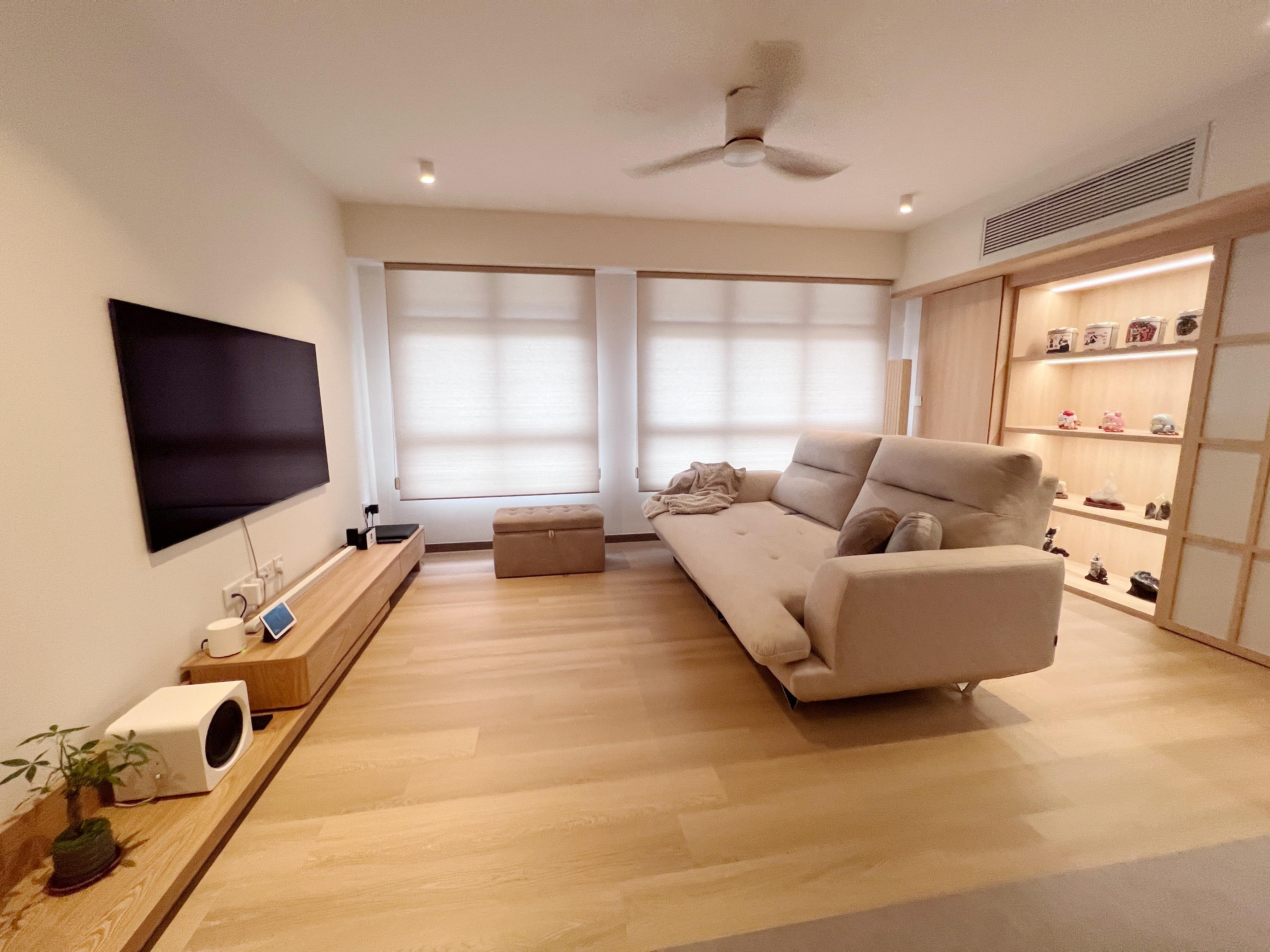 Into our Modern Japanese zen living room - Modern minimalist living room, cozy seating area, large flat-screen TV, wooden